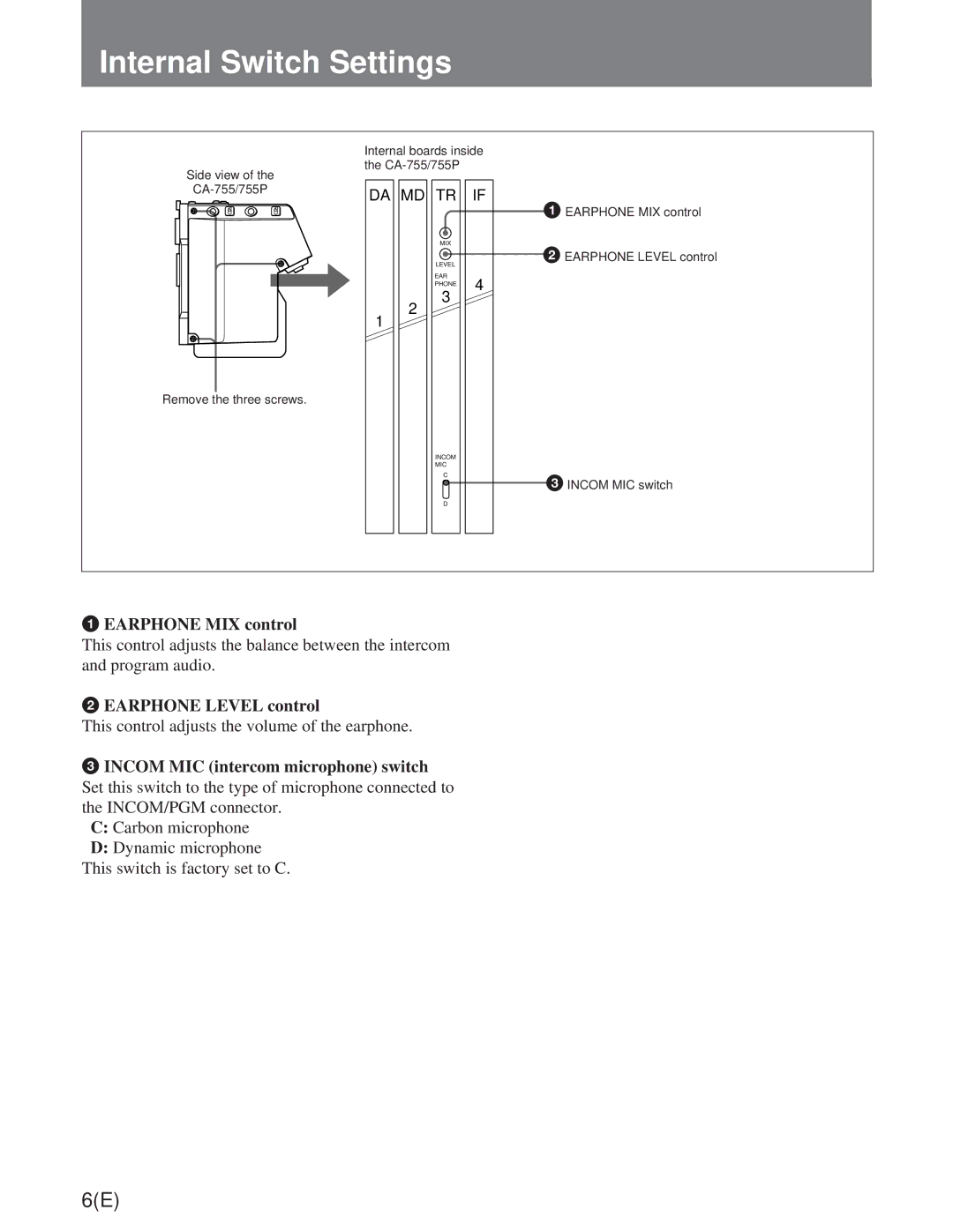 Sony CA-755/755P operation manual Internal Switch Settings 