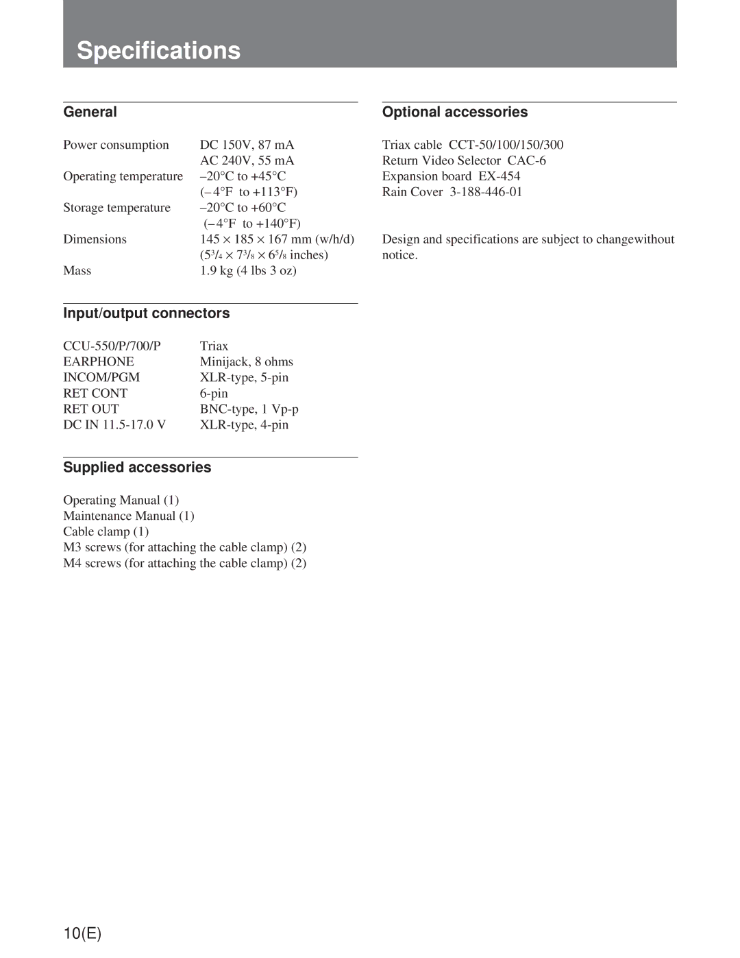 Sony CA-755/755P operation manual Specifications, General 