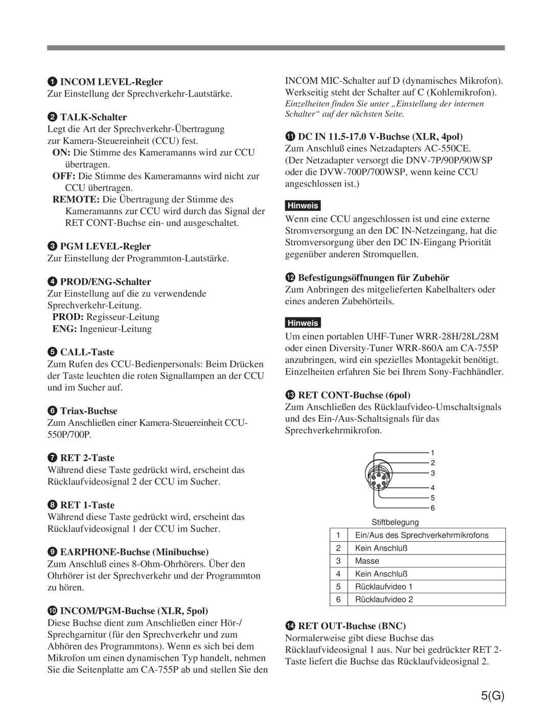 Sony CA-755/755P operation manual Incom LEVEL-Regler 