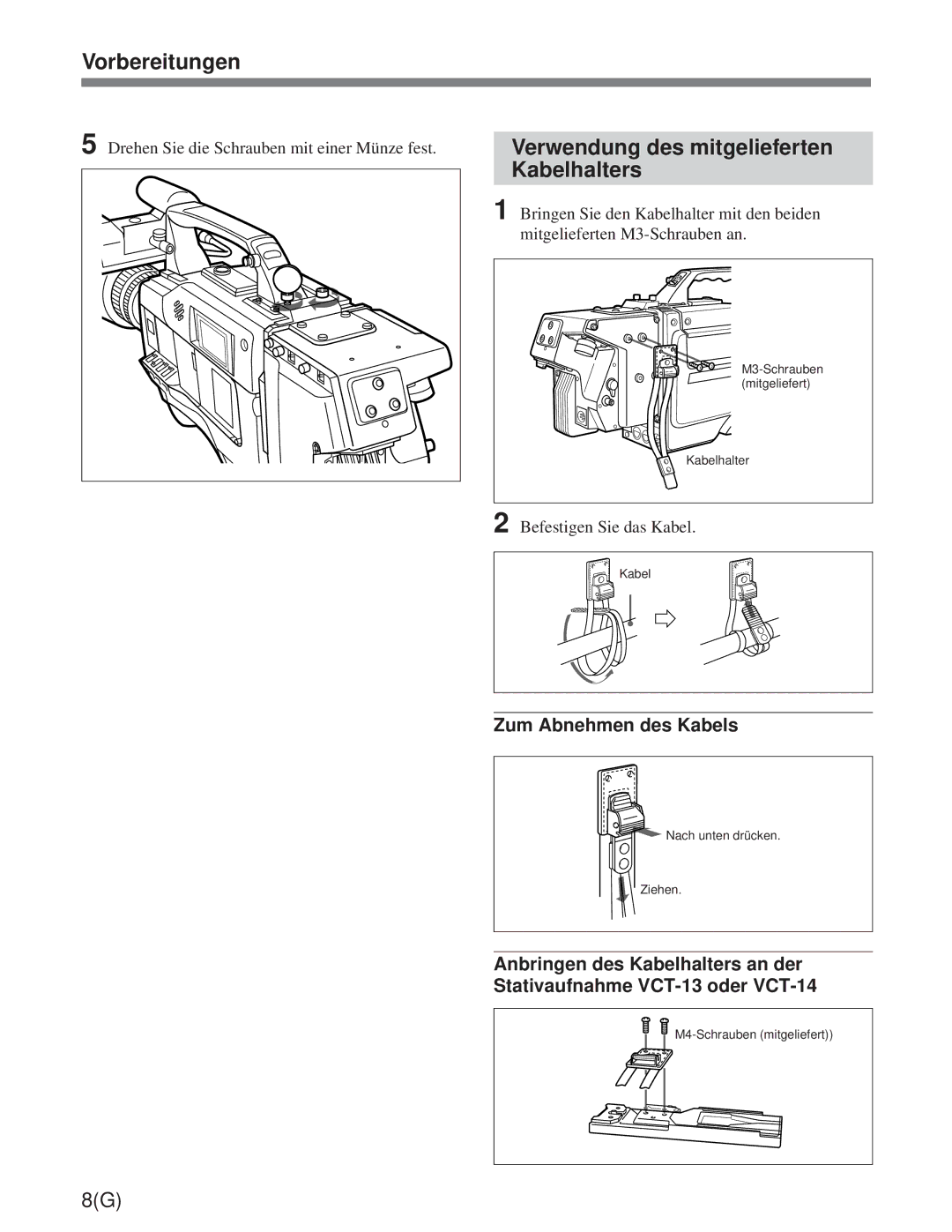 Sony CA-755/755P operation manual Vorbereitungen, Verwendung des mitgelieferten Kabelhalters 