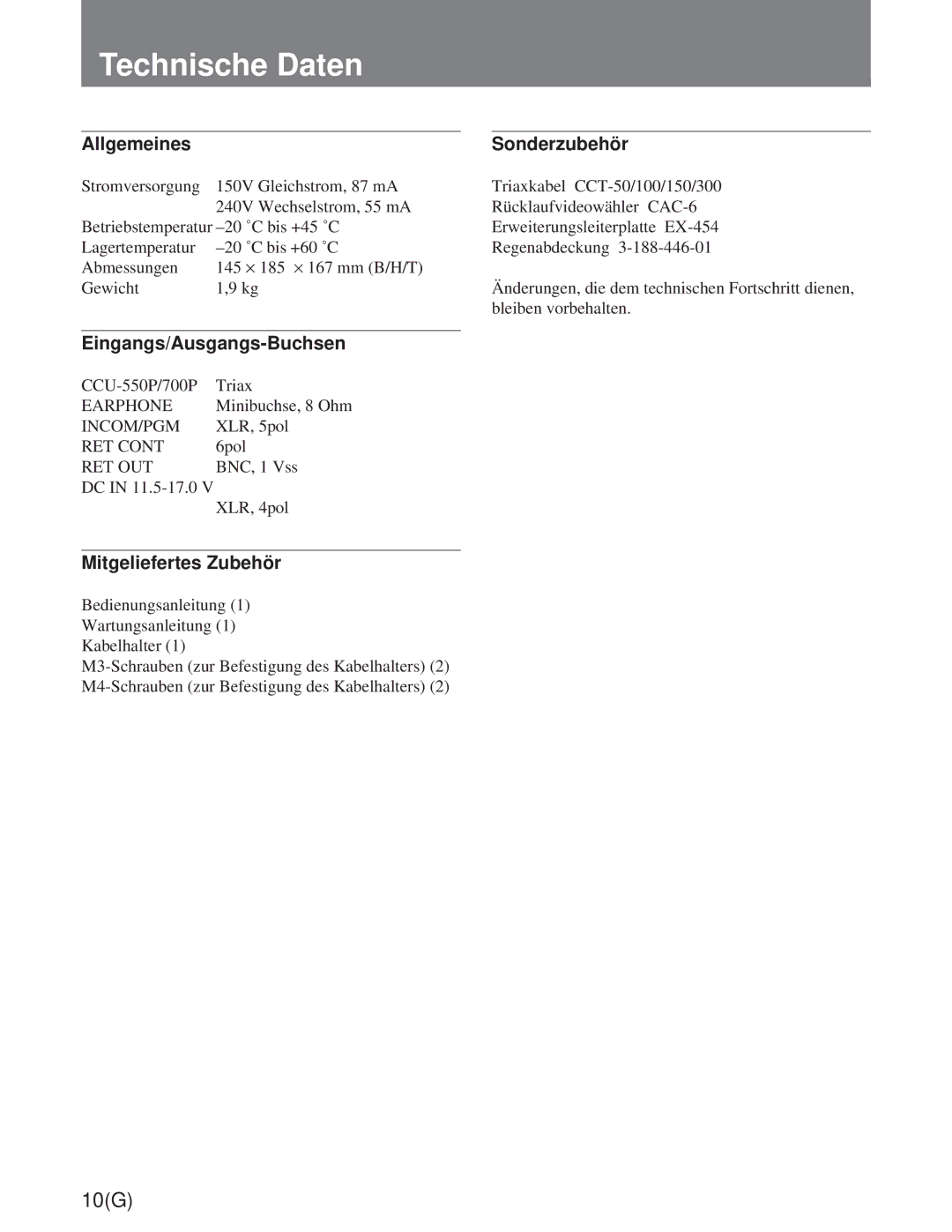 Sony CA-755/755P operation manual Technische Daten, Allgemeines 