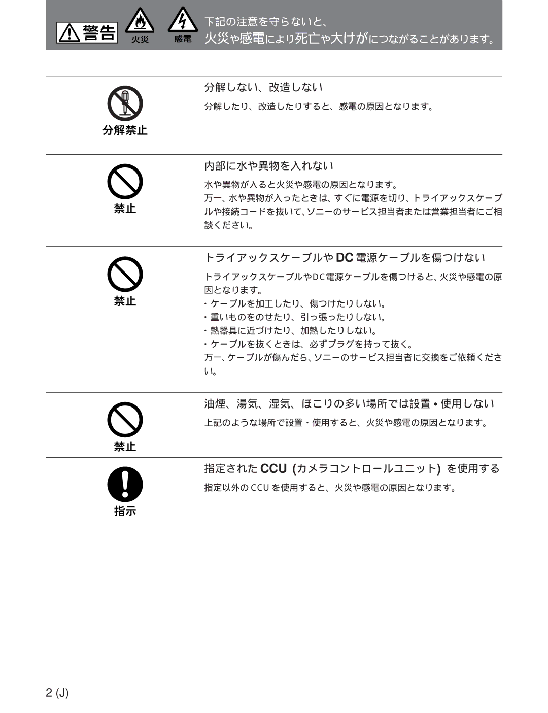 Sony CA-755/755P operation manual 分解しない、改造しない, 内部に水や異物を入れない, トライアックスケーブルや Dc 電源ケーブルを傷つけない, 油煙、湯気、湿気、ほこりの多い場所では設置 使用しない 