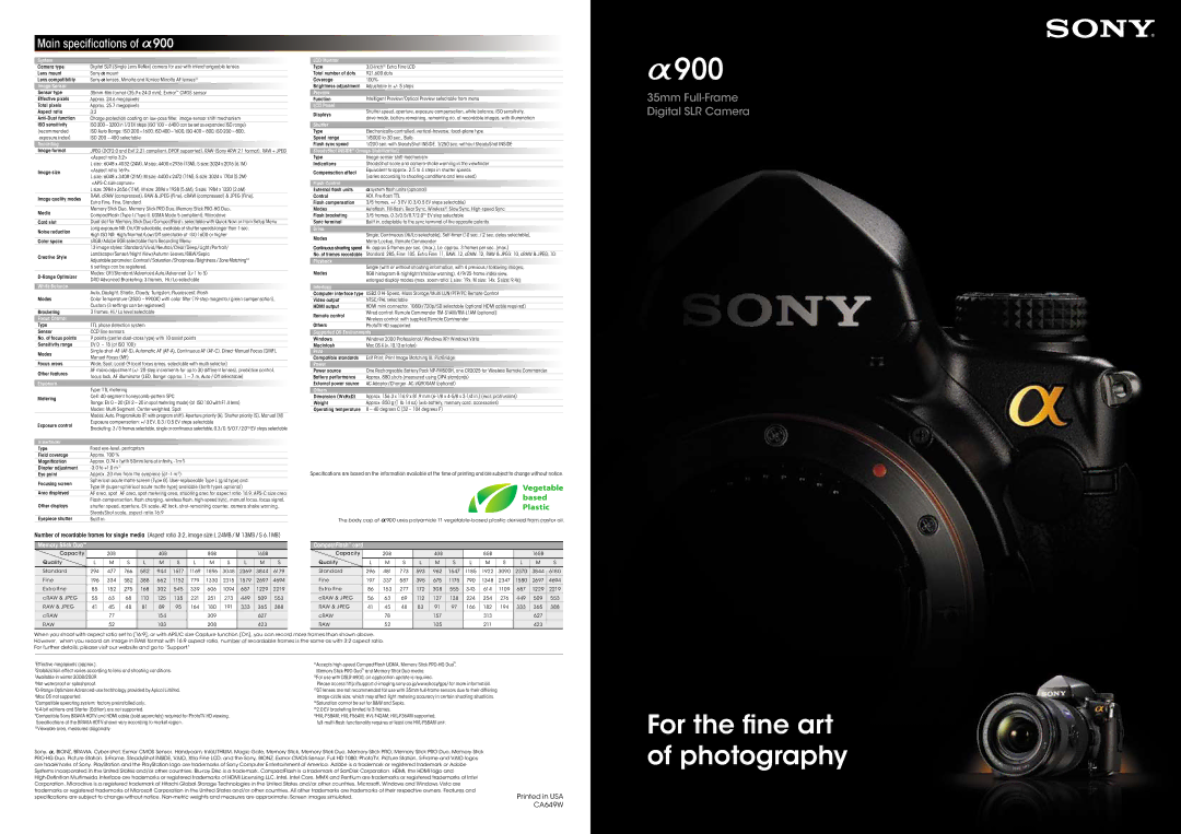 Sony CA649W specifications For the ﬁne art of photography 