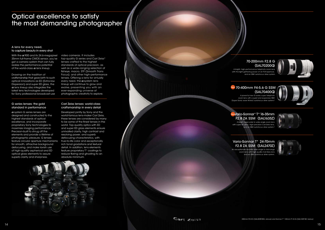 Sony CA649W specifications Optical excellence to satisfy the most demanding photographer, 70-200mm F2.8 G SAL70200G 