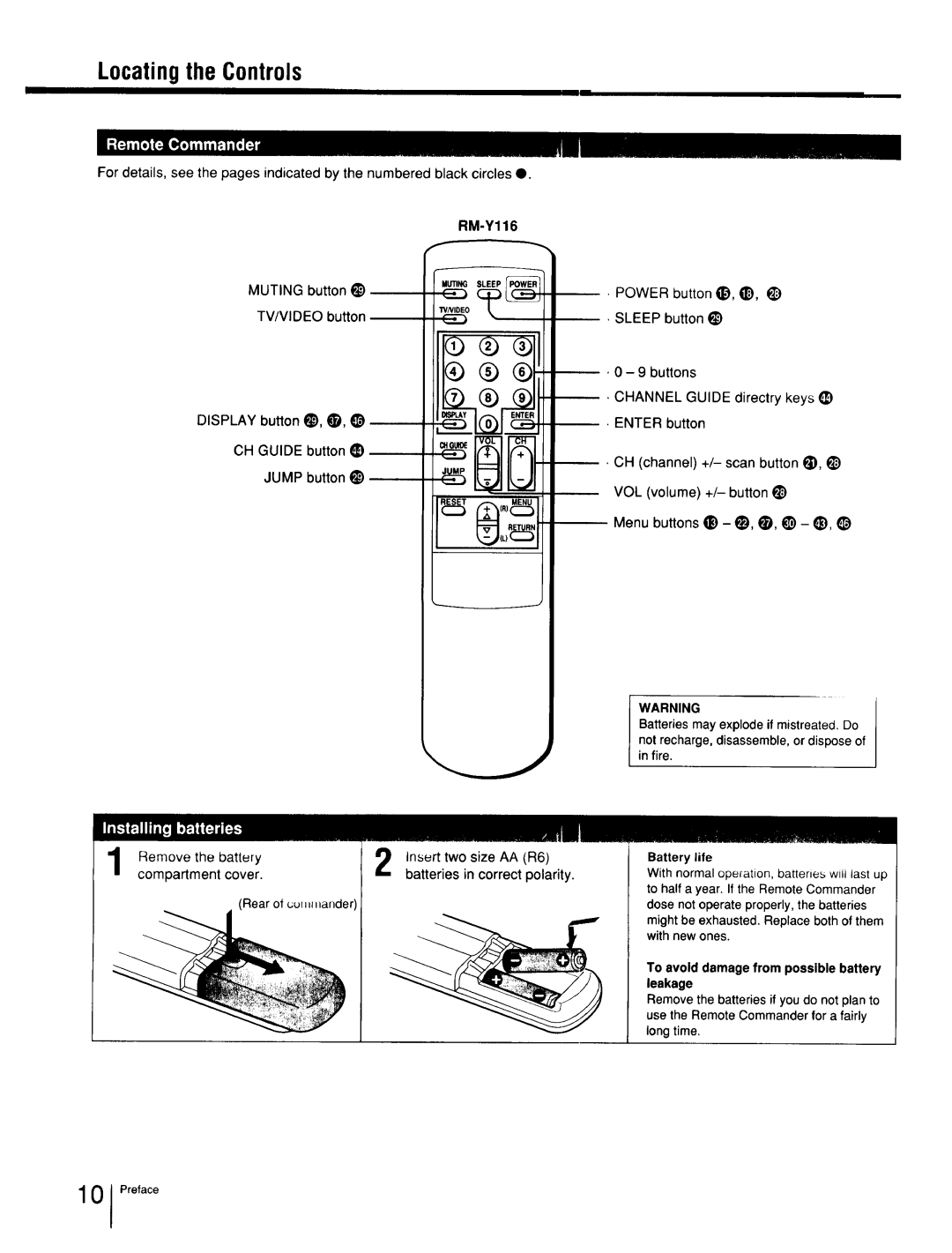 Sony Cable Box specifications Locating the Controls, RM-Y116, Notrecharge,disassemble,or disposeof in fire, Longtime 