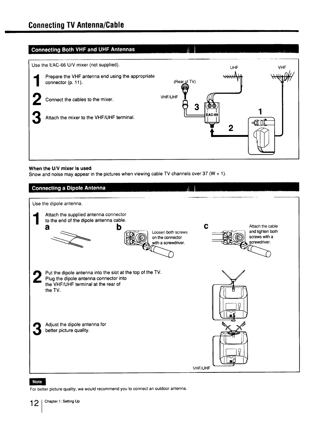 Sony Cable Box specifications ConnectingTV Antenna/Cable, Use the EAC-66 U/V mixer not supplied, Rear.£ofTV 