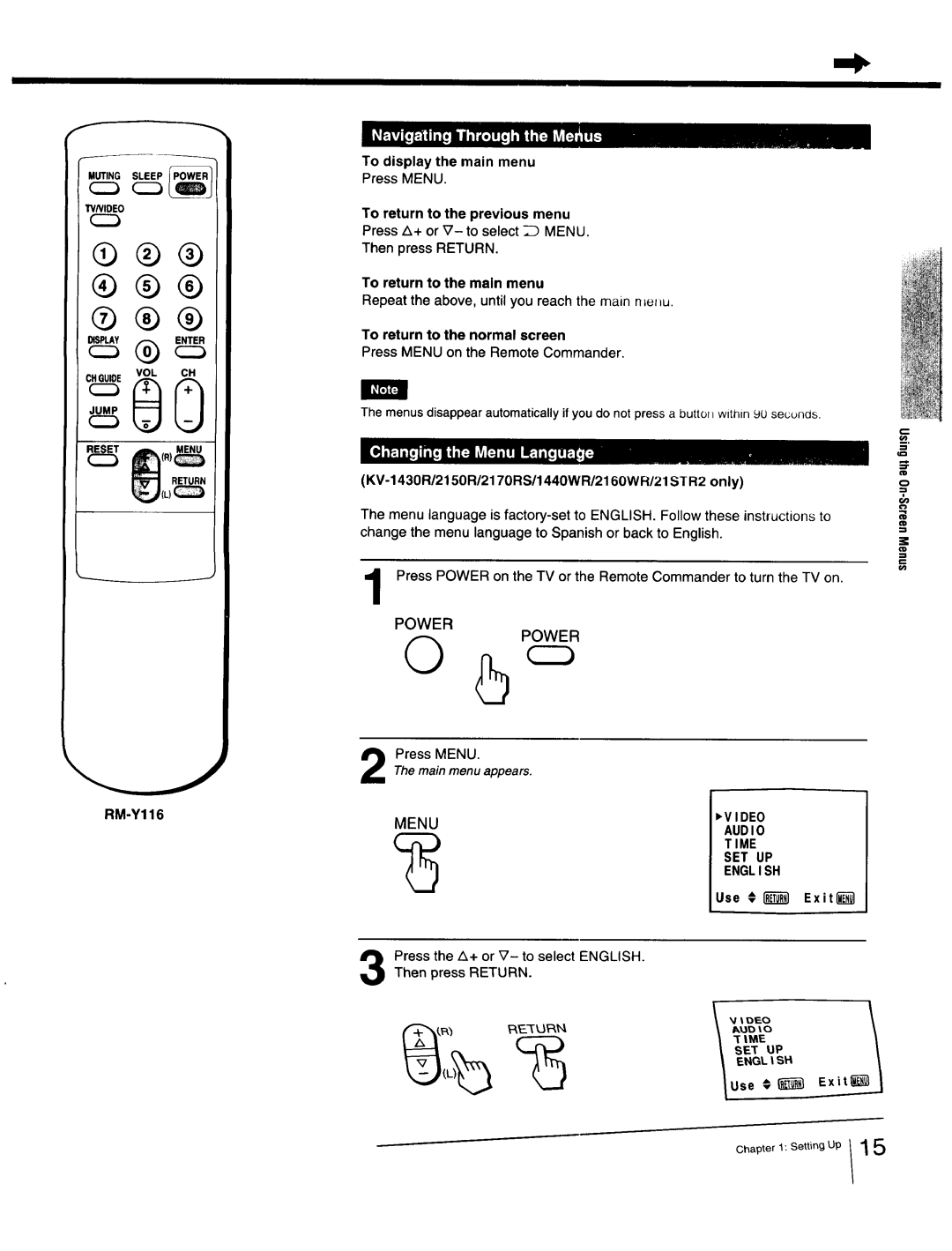 Sony Cable Box specifications Repeat the above, until you reach the main n=eu, Use € Exitl, Audio Time SET UP English 