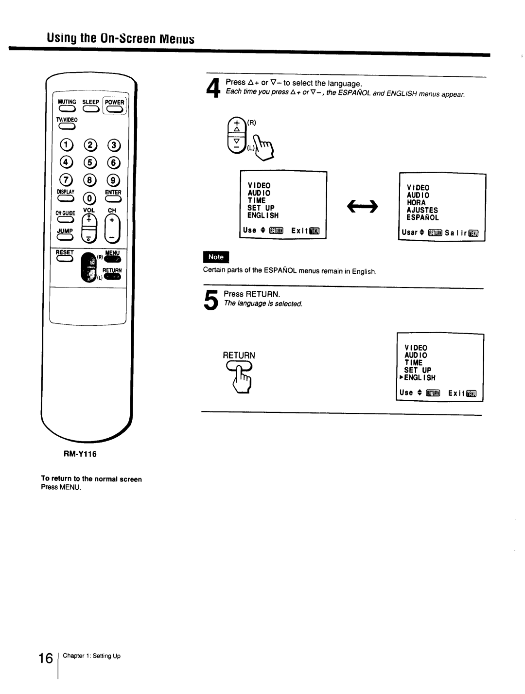 Sony Cable Box Using the On-Screen Menu, Video Audio Time Hora SET UP Ajustes English Espaol, Use Exltk Usar € Sa I ir 