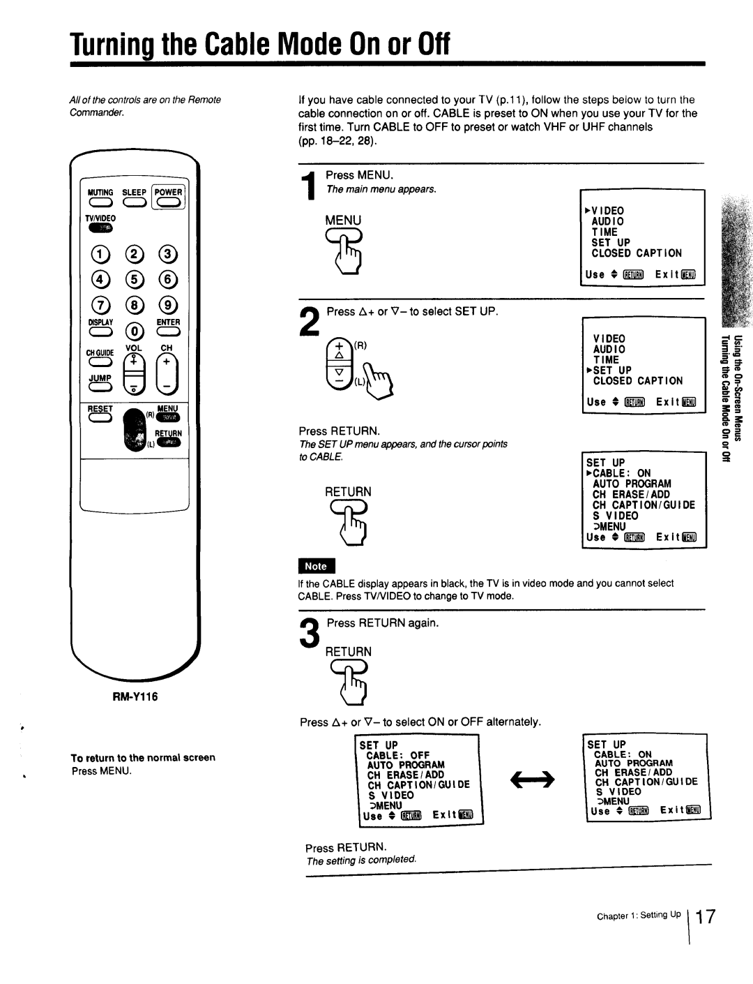 Sony Cable Box specifications Press A+ or V- to select SET UP, Video Audio Time, Use #I Exltlil, Use 01TI ExitEl RM-Y116 