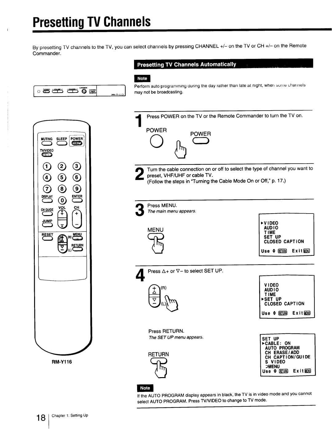 Sony Cable Box specifications PresettingTVChannels, Press A+ or V- to select SET UP Press Return, Use €1 Exit 