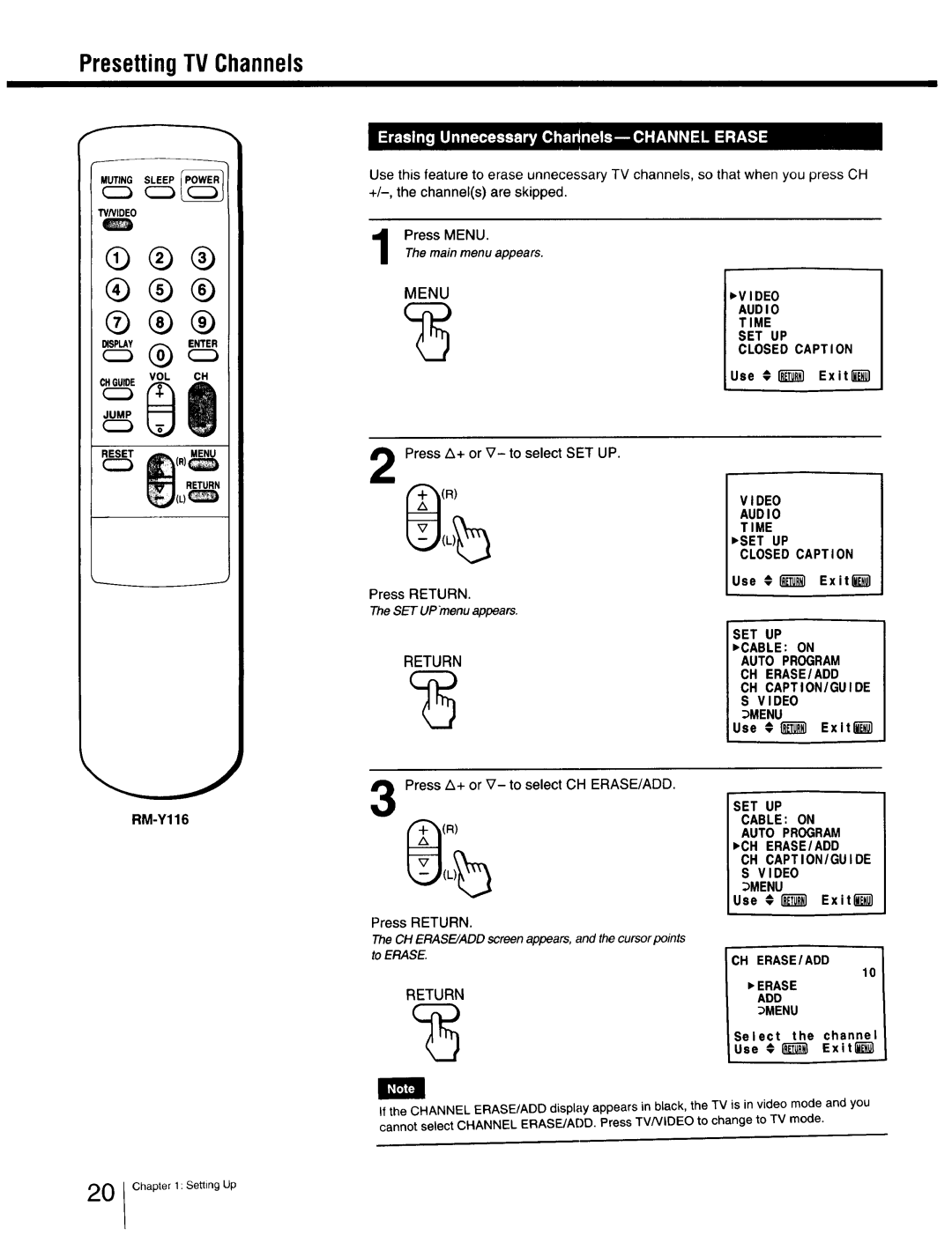 Sony Cable Box Video Audio Time SET UP Closed Caption, Auto Program CH ERASE/ADD CH CAPTION/GUIDE Video, Use #IT Exltl 