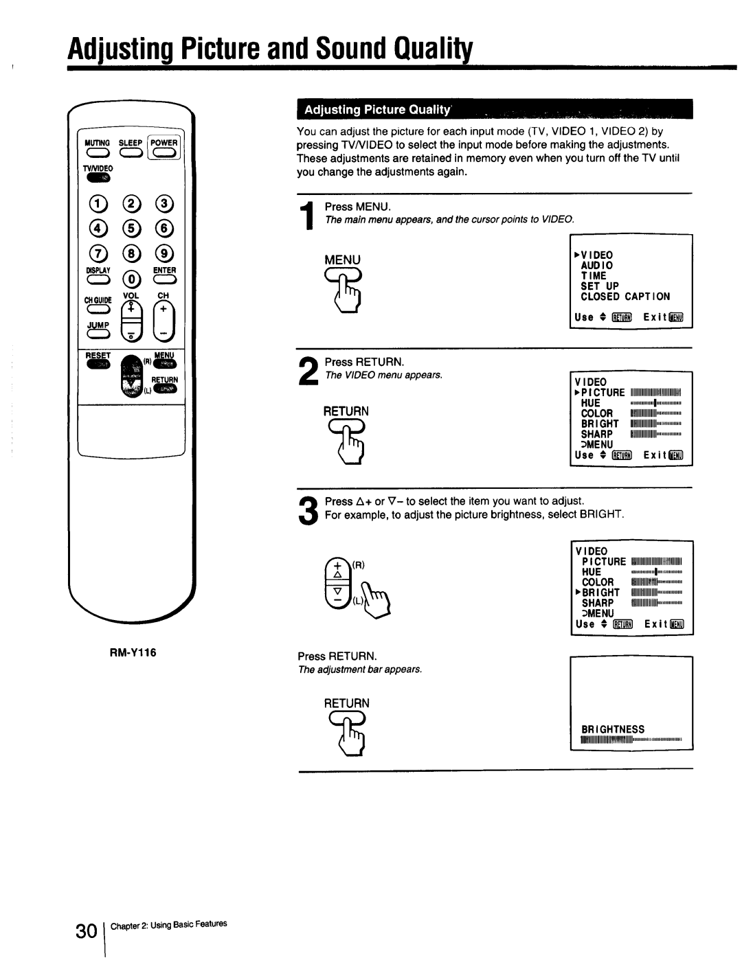 Sony Cable Box AdjustingPictureandSoundQuality, Vo,c, Video PI Cture Iiiiiiiiiiiiiiiiiiihiiiiiiii HUE Color, Dmenu 