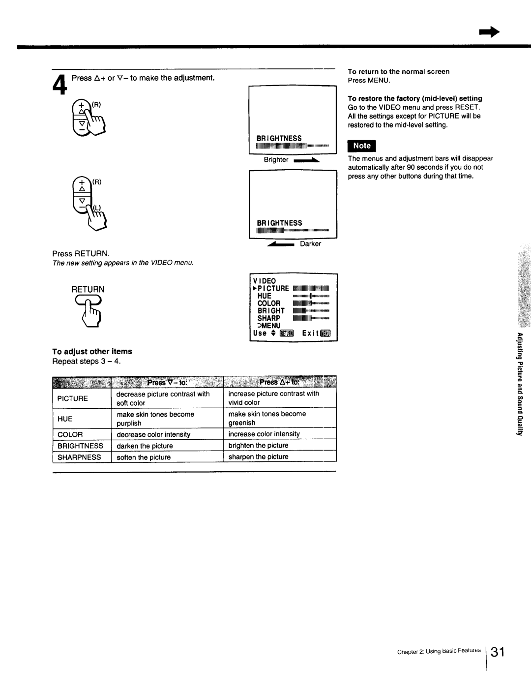 Sony Cable Box specifications Brightness To restore the factory mid-level setting, To adjust other items, Darker 