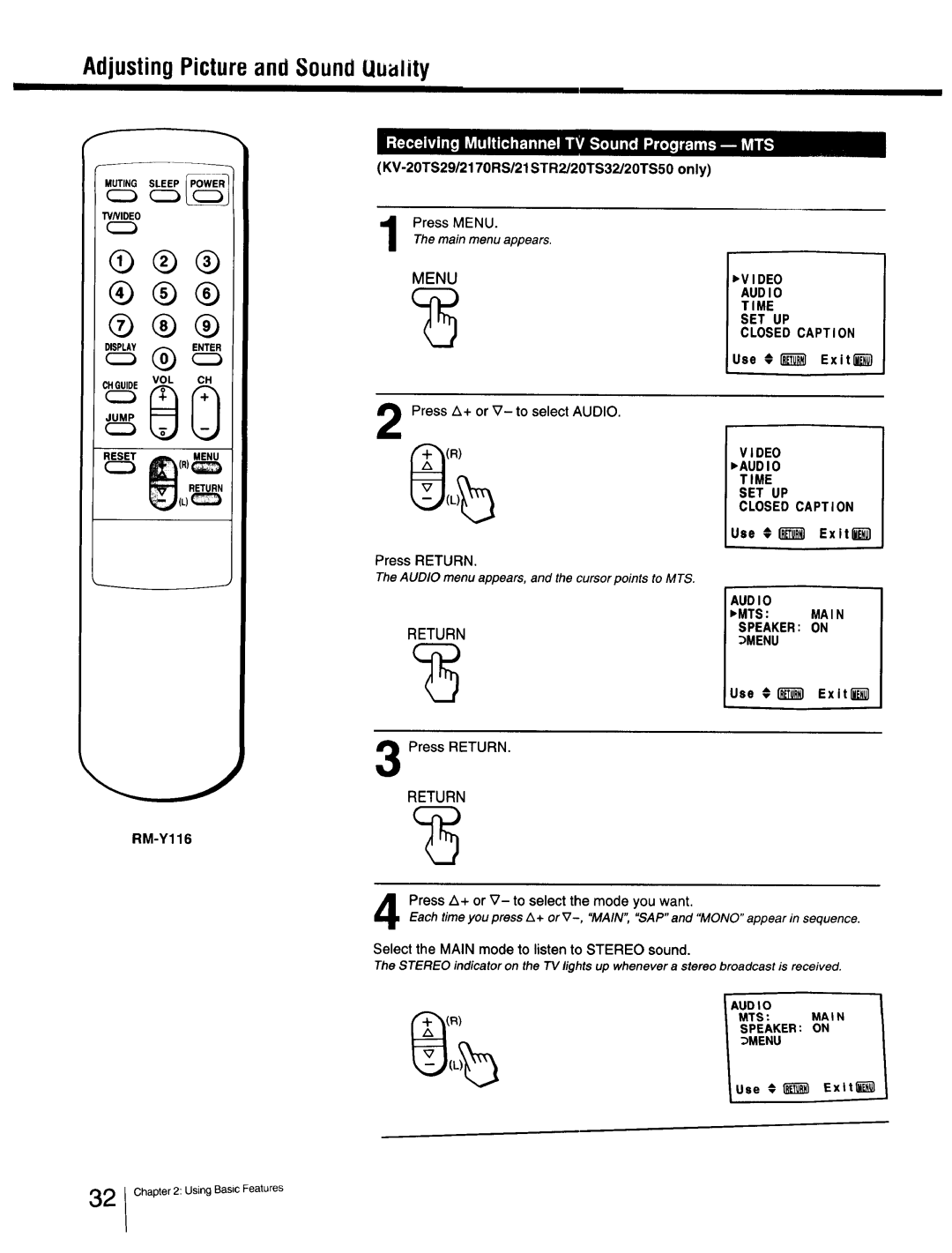 Sony Cable Box specifications Adjusting Picture, Sound UuulJty, KV-20TS29/2170RS/21STR2/20TS32/20TS50 only, Use #1 Exiting1 