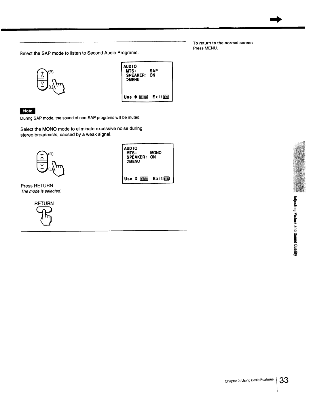 Sony Cable Box Select the SAP mode to listen to Second Audio Programs, Audio MTS SAP Speaker on Menu, Use €I Exit 