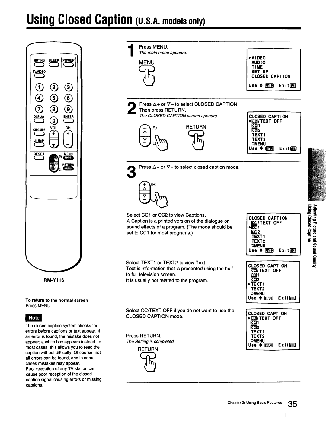 Sony Cable Box specifications UsingClosedCaptionU.S.A.modelsonly, TEXT1 TEXT2, TEXT2 Closed Caption Menu 