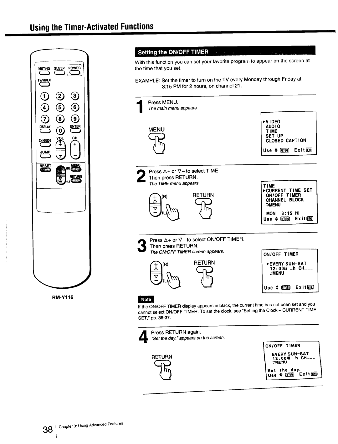 Sony Cable Box specifications Use Exiting1, MON 315 PM Use ! Exltl RM-Y116, Timer, 1200AM -h CH, Use Exitli 