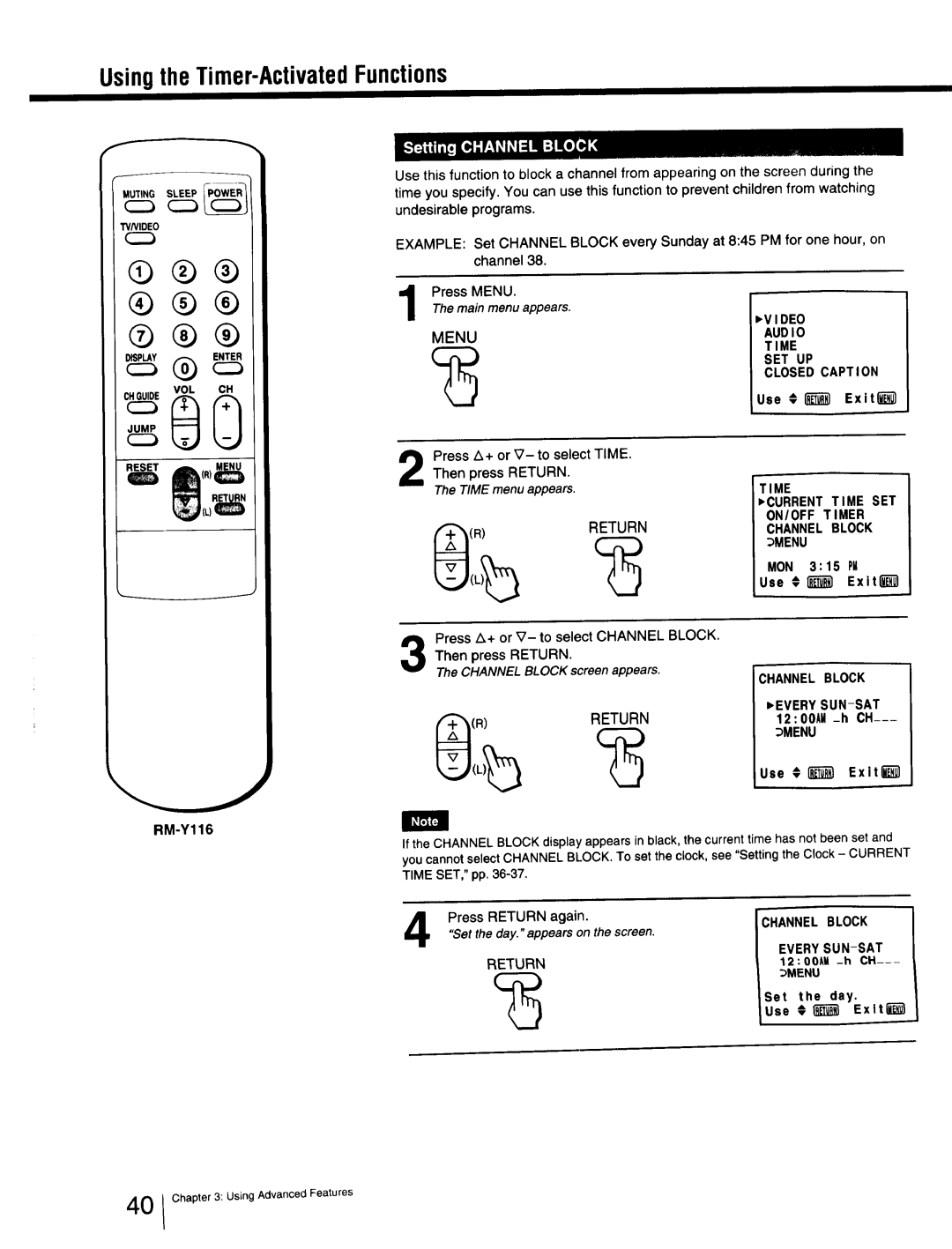 Sony Cable Box specifications Vo,Oc, Time Current Time SET ON/OFF Timer Channel Block Menu, Return EVERYSUN-SAT 