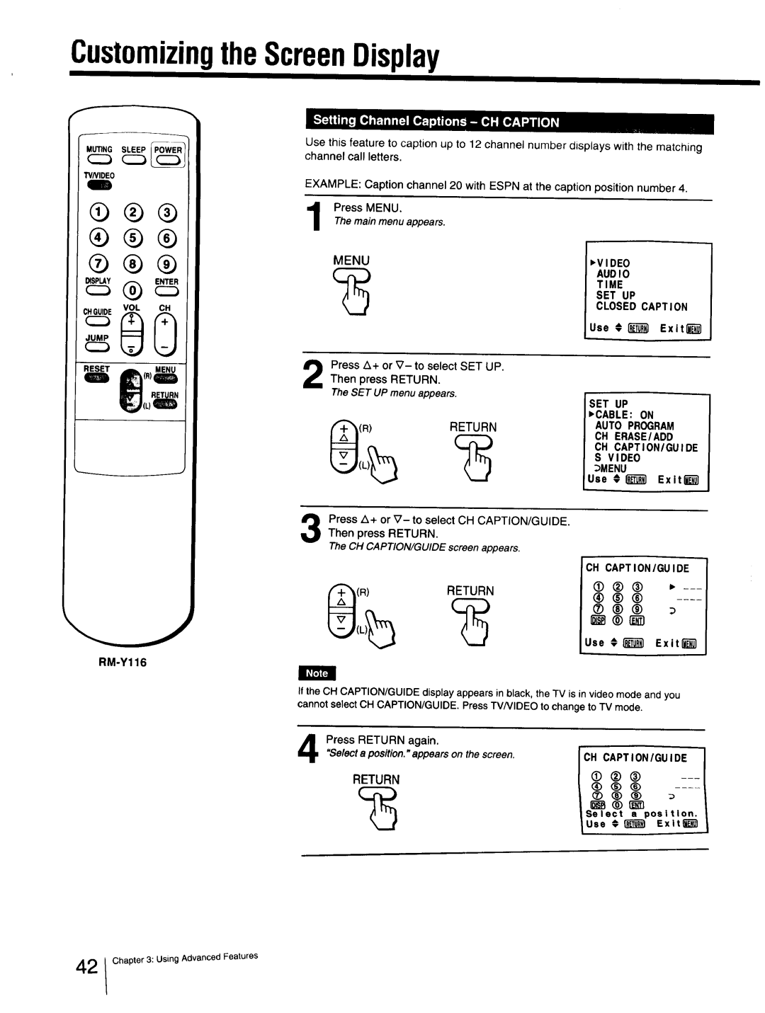 Sony Cable Box specifications CustomizingtheScreenDisplay, Use Exitfi, Ch Caption/Gu Ide, Use € Extt 