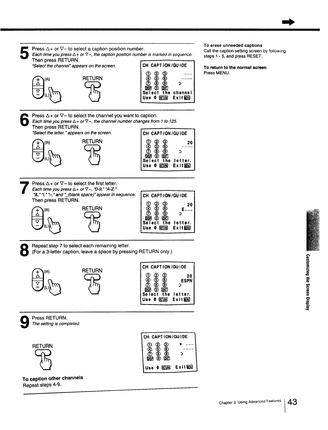 Sony Cable Box specifications To caption other channels, Repeat steps, Espn, CH Captioniguide 