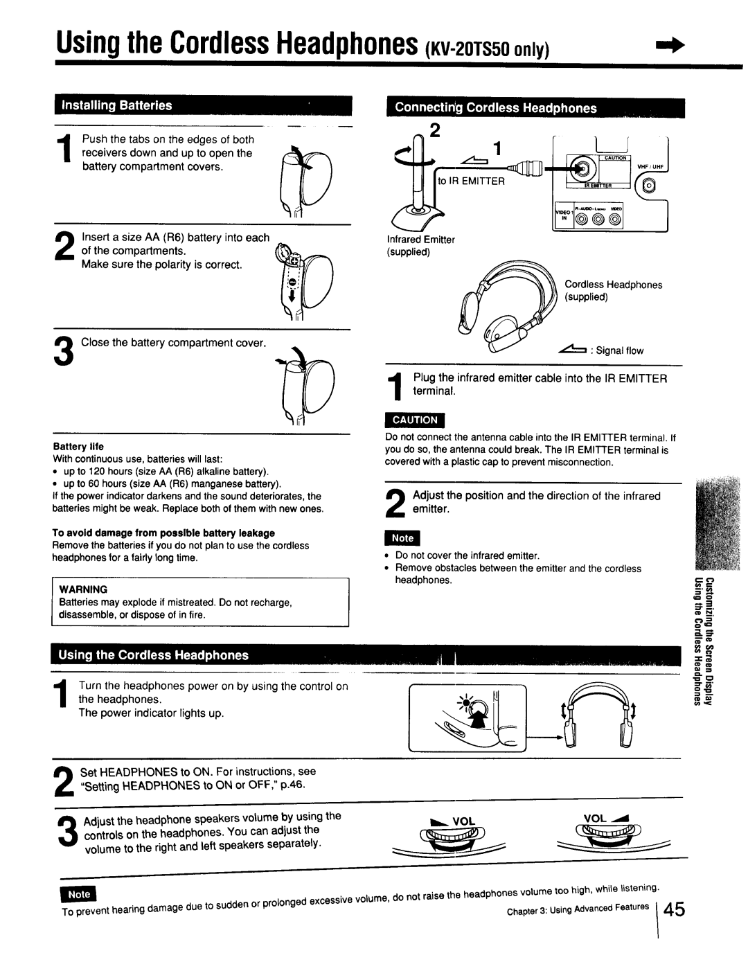 Sony Cable Box UsingtheCordlessHeadphonesKV-2OTS50only, TerminalPlugthe. infrared emitter cable into the IR Emitter 