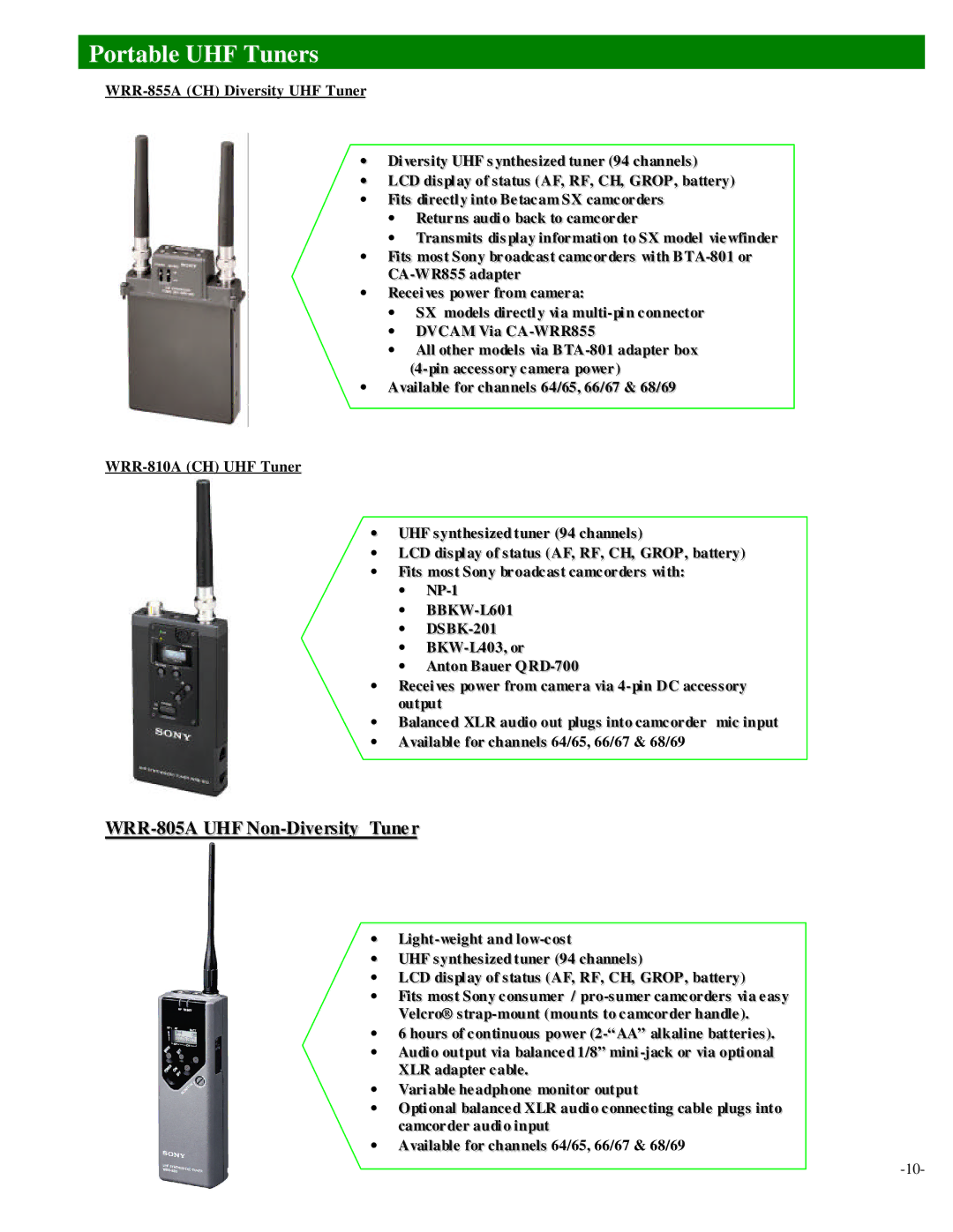 Sony Camcorder / Wireless Microphone manual Portable UHF Tuners, WRR-805A UHF Non-Diversity Tuner 