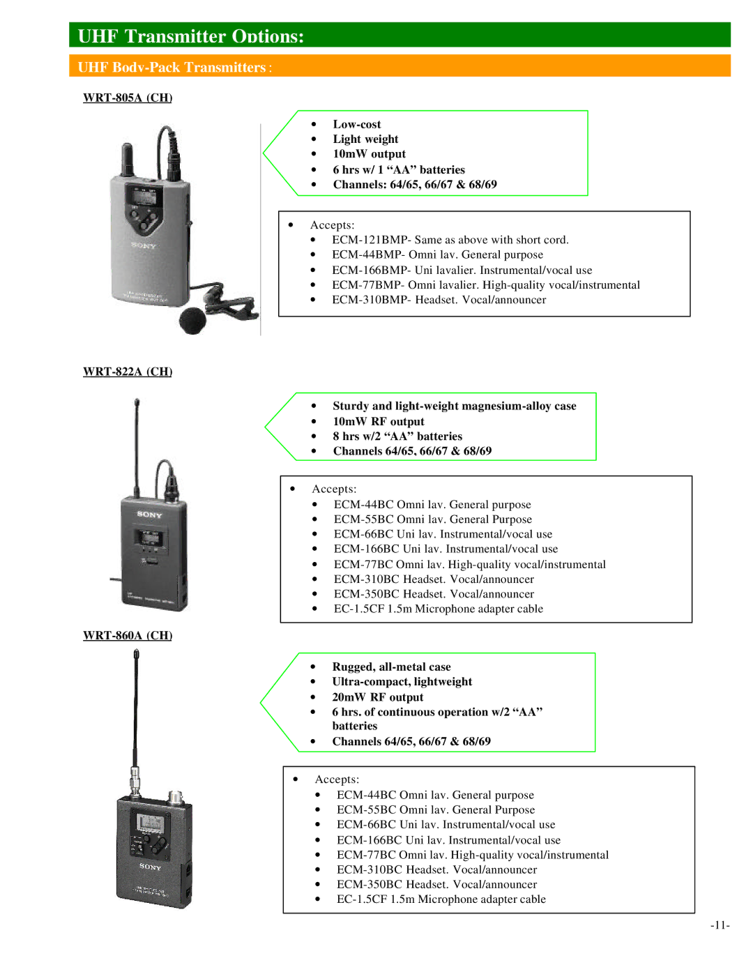 Sony Camcorder / Wireless Microphone manual UHF Transmitter Options, UHF Body-Pack Transmitters 