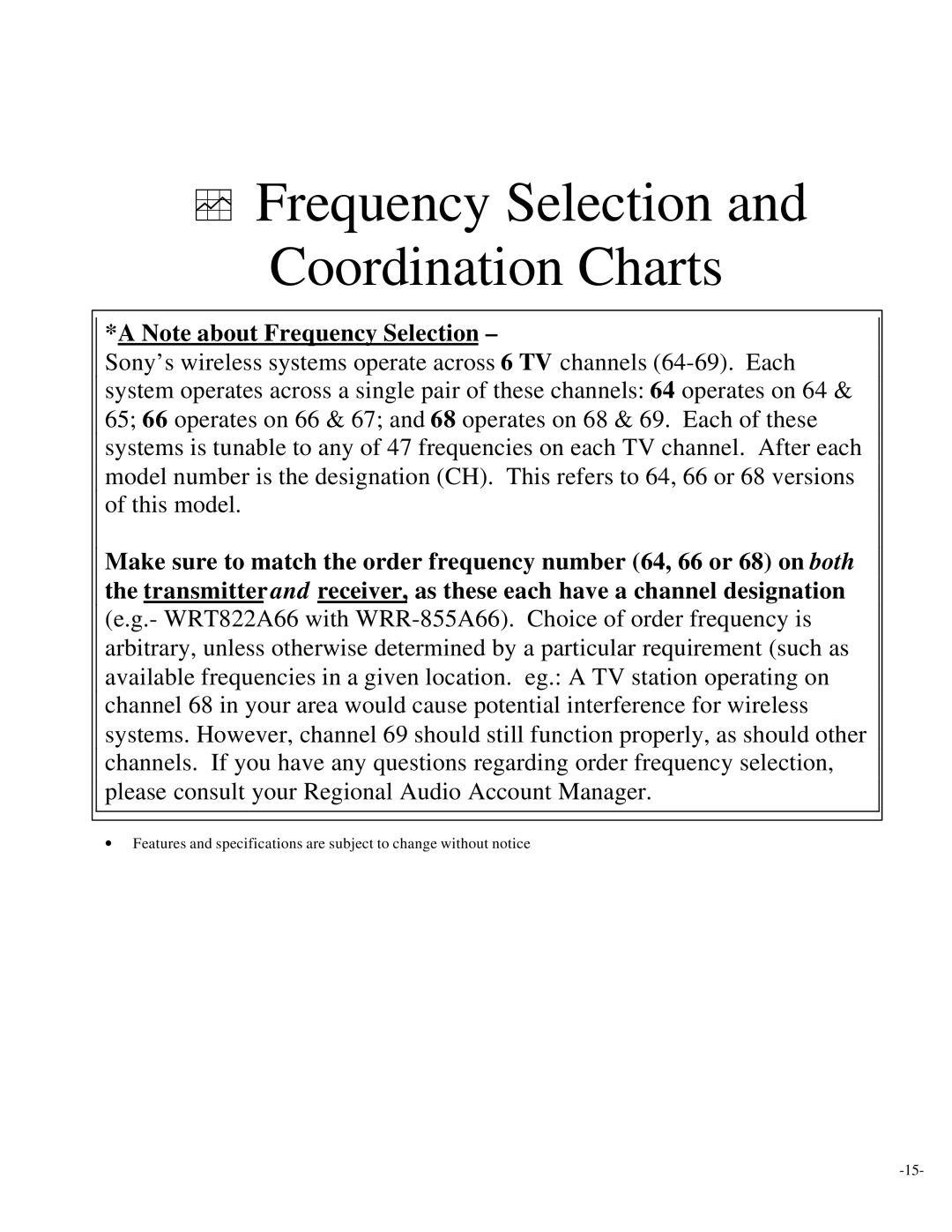 Sony Camcorder / Wireless Microphone manual Frequency Selection Coordination Charts 