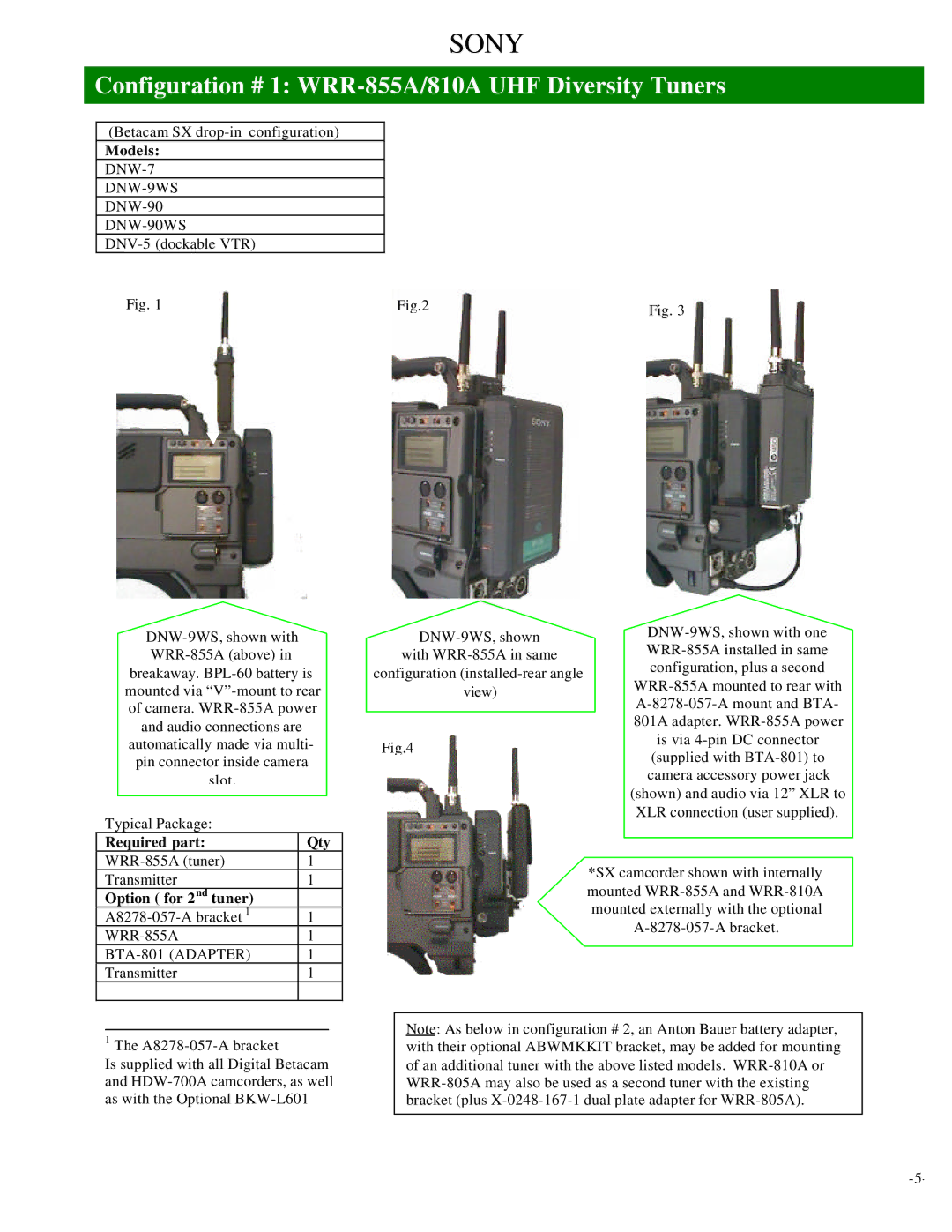 Sony Camcorder / Wireless Microphone manual Configuration # 1 WRR-855A/810A UHF Diversity Tuners, Models 