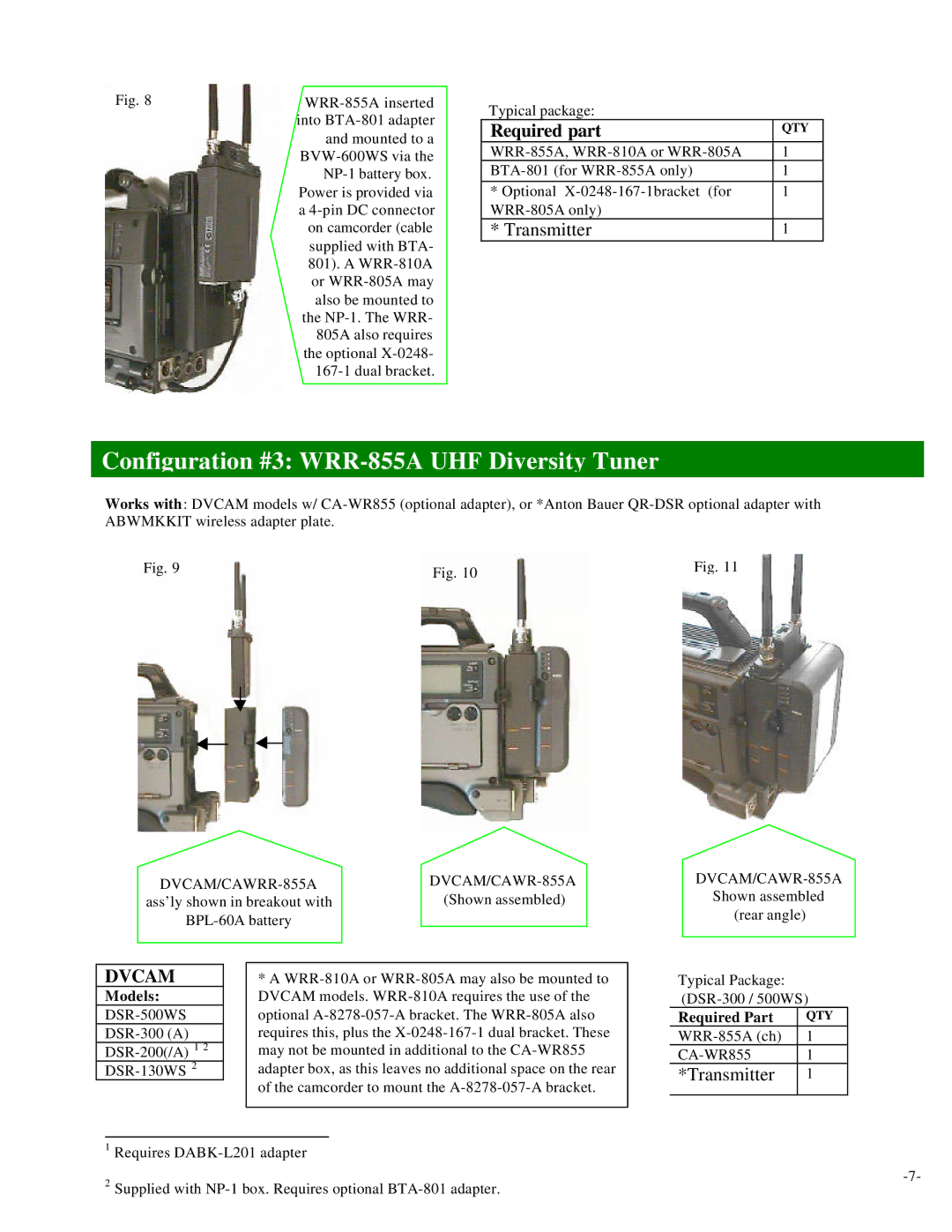 Sony Camcorder / Wireless Microphone manual Configuration #3 WRR-855A UHF Diversity Tuner, Required part 