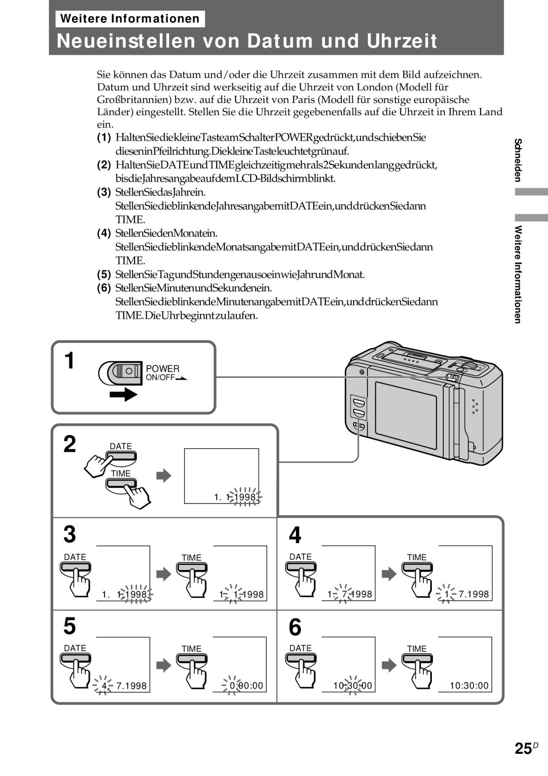 Sony CCD-CR1E manual Neueinstellen von Datum und Uhrzeit, 25D 