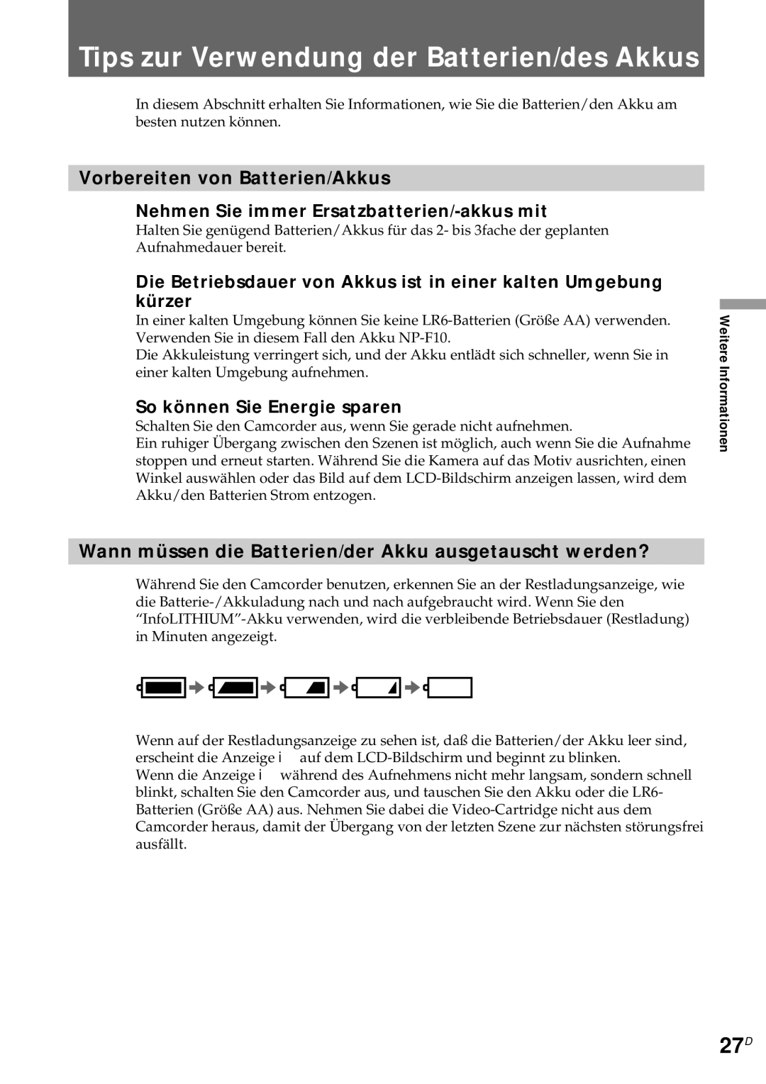 Sony CCD-CR1E manual Tips zur Verwendung der Batterien/des Akkus, 27D, So können Sie Energie sparen 