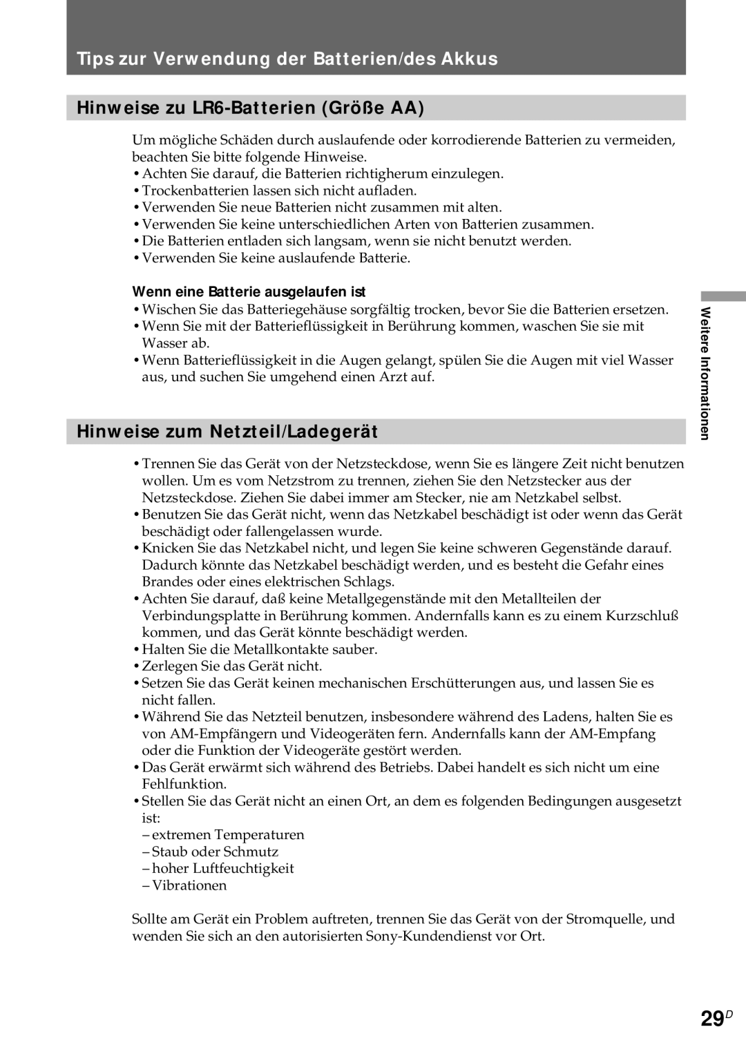 Sony CCD-CR1E 29D, Hinweise zu LR6-Batterien Größe AA, Hinweise zum Netzteil/Ladegerät, Wenn eine Batterie ausgelaufen ist 