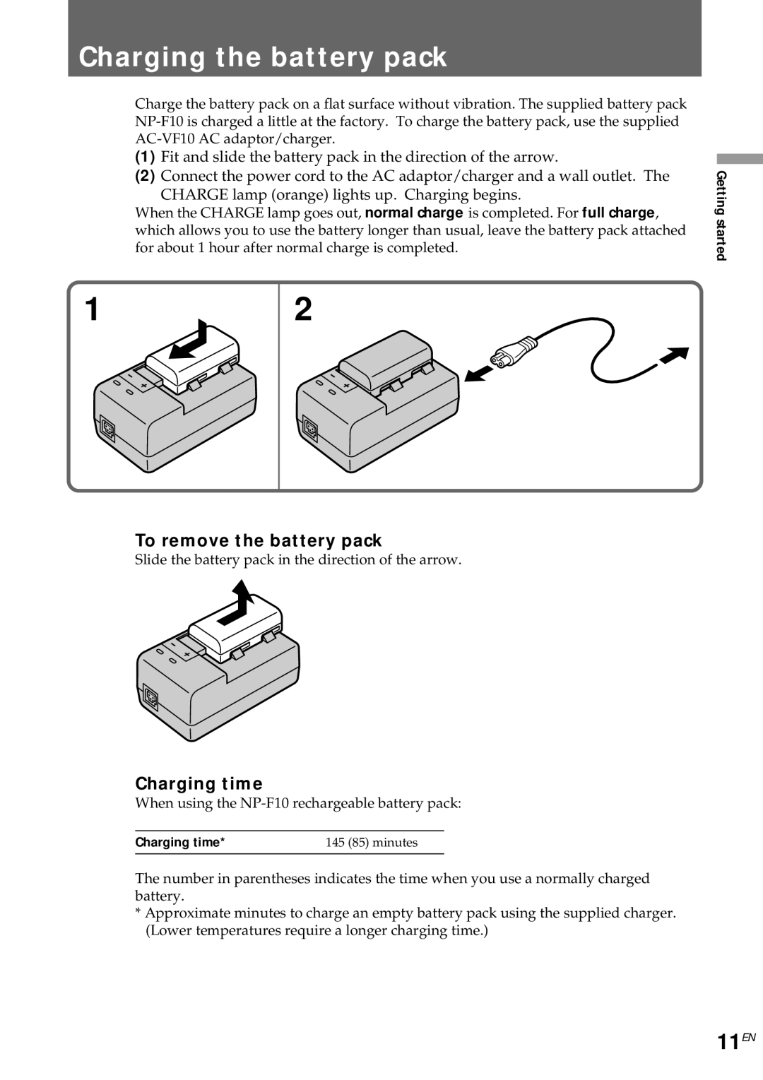 Sony CCD-CR1E manual Charging the battery pack, 11EN, To remove the battery pack, Charging time 