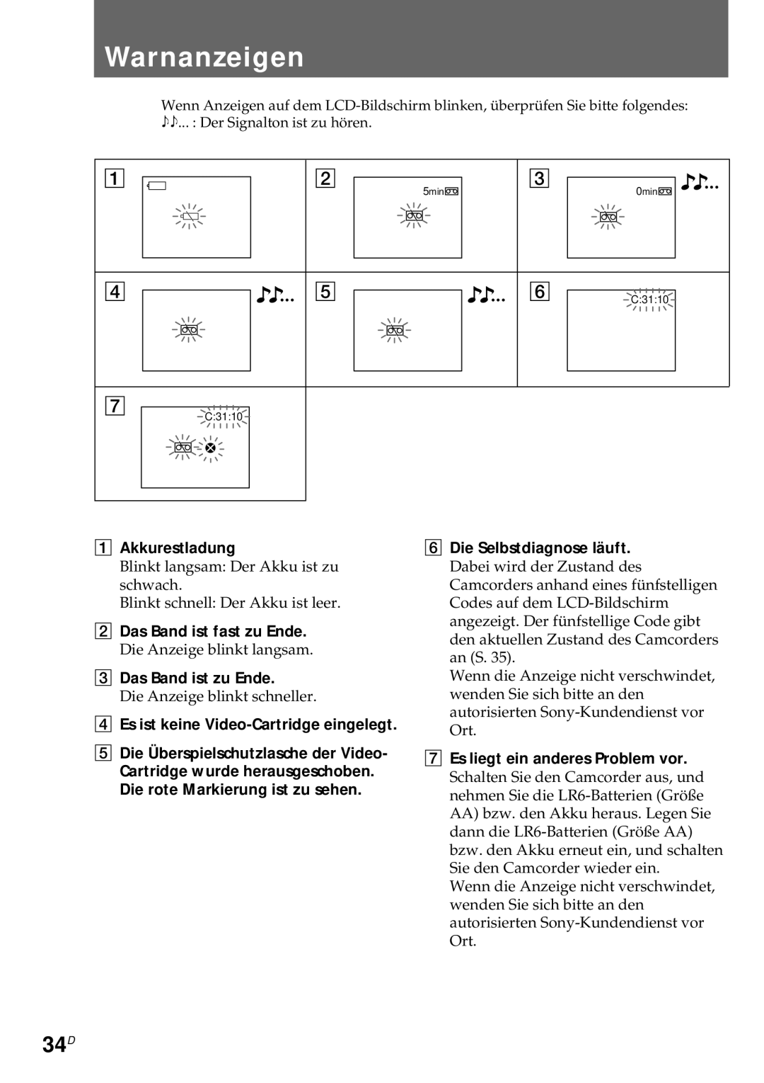 Sony CCD-CR1E manual Warnanzeigen, 34D 