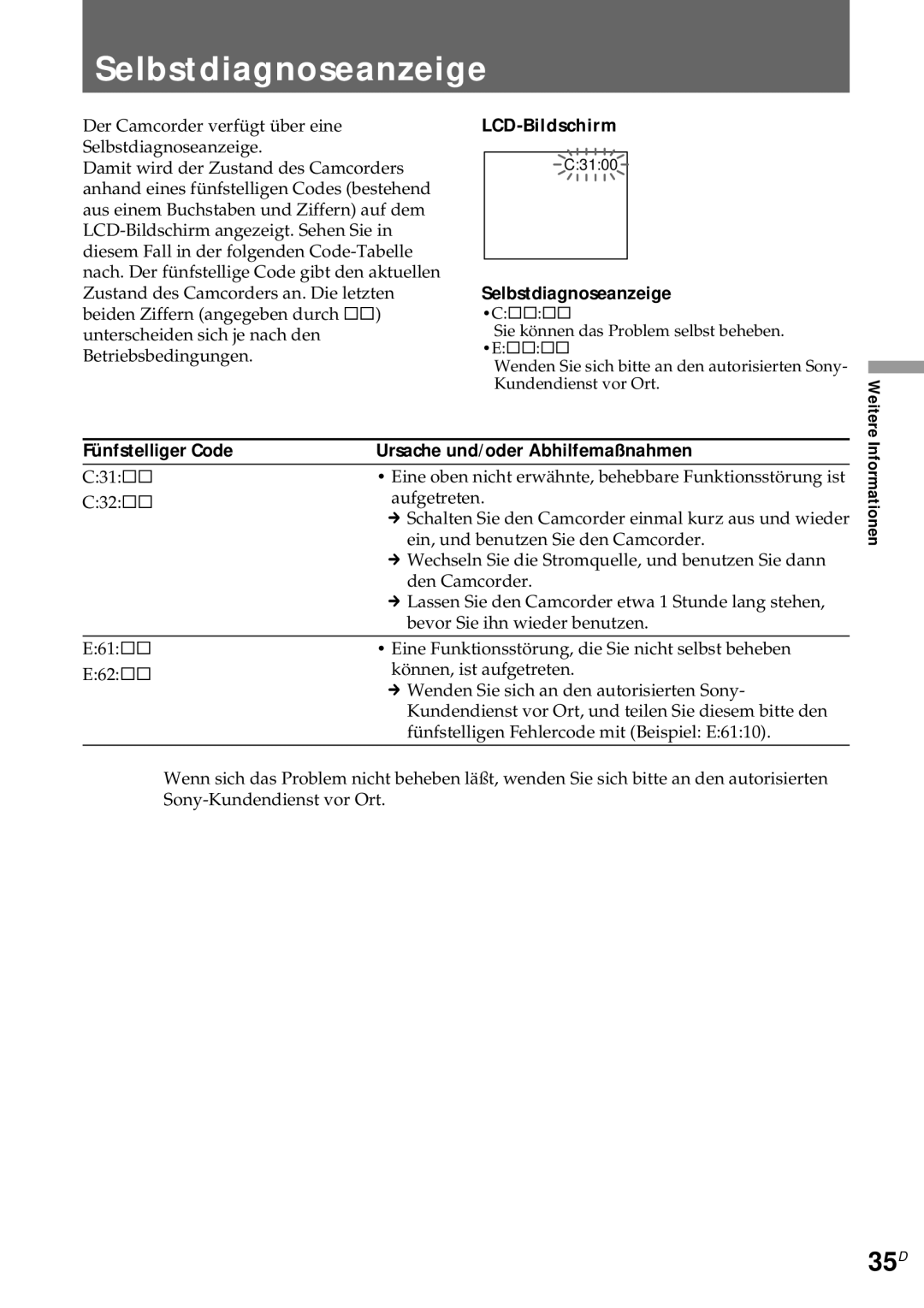 Sony CCD-CR1E manual Selbstdiagnoseanzeige, 35D, LCD-Bildschirm, Fünfstelliger Code Ursache und/oder Abhilfemaßnahmen 