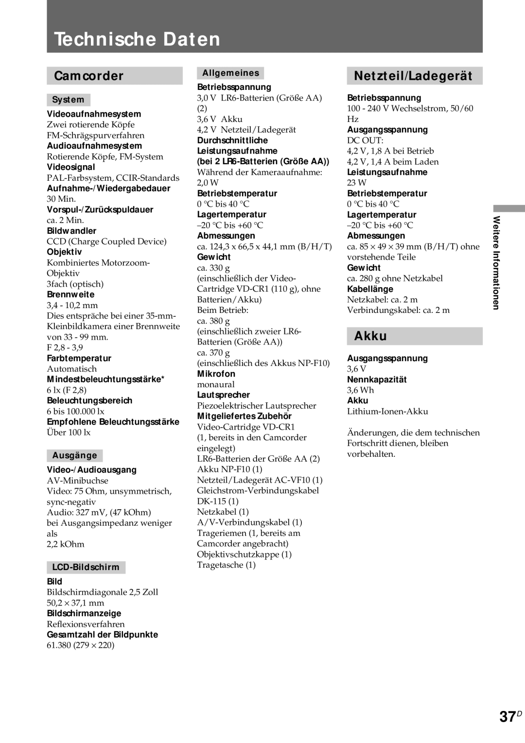 Sony CCD-CR1E manual Technische Daten, 37D, Netzteil/Ladegerät, Akku 