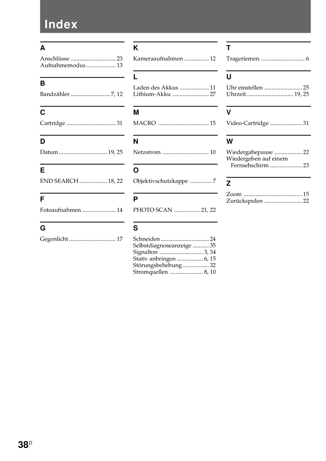 Sony CCD-CR1E manual Index, 38D 