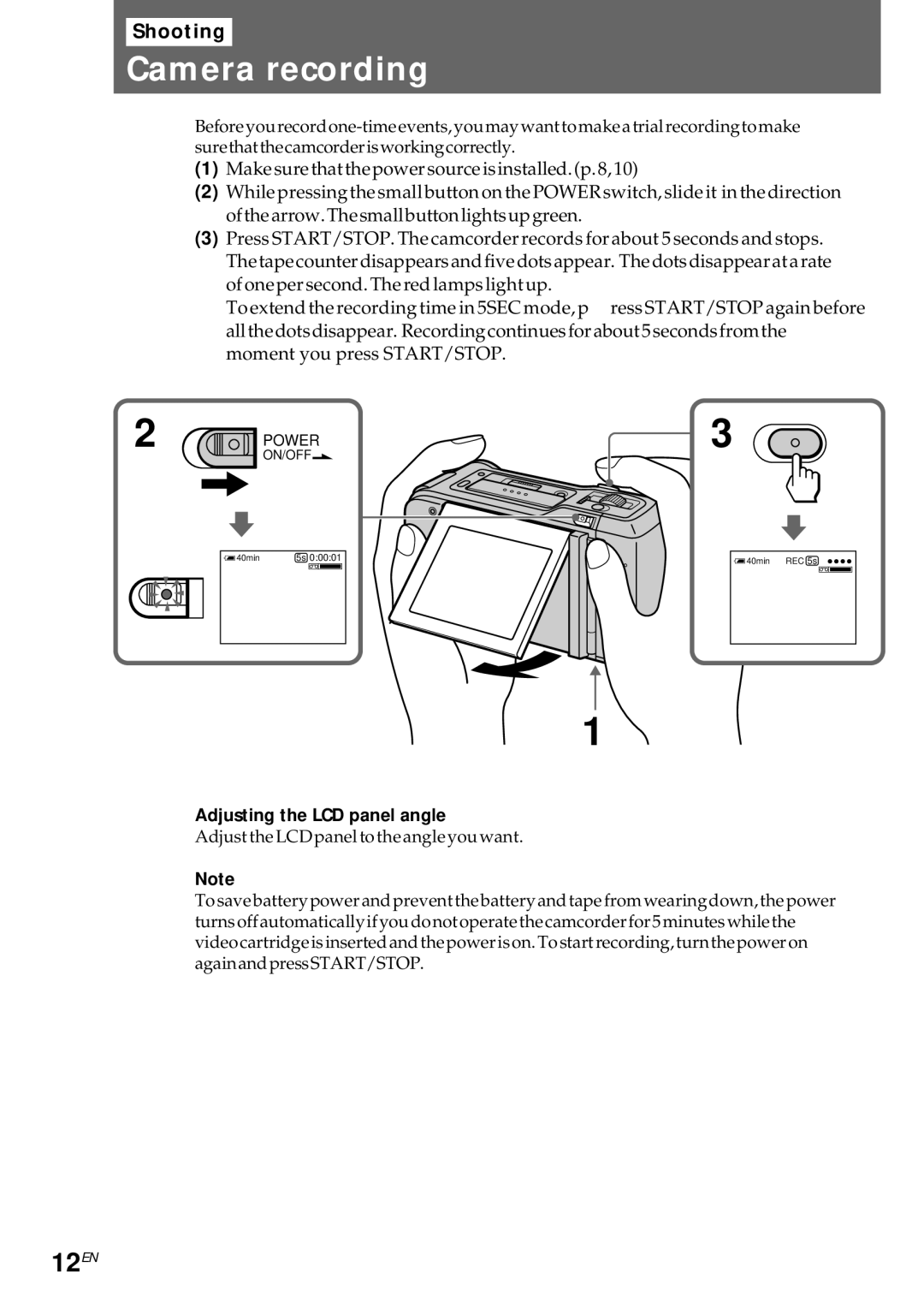 Sony CCD-CR1E manual Camera recording, 12EN, Adjusting the LCD panel angle 