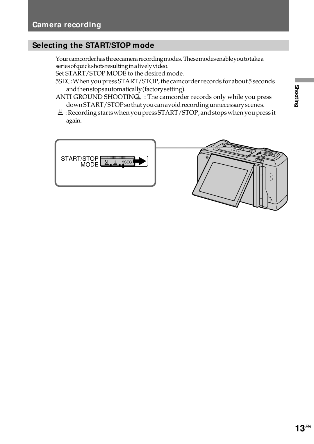 Sony CCD-CR1E manual 13EN, Camera recording, Selecting the START/STOP mode 