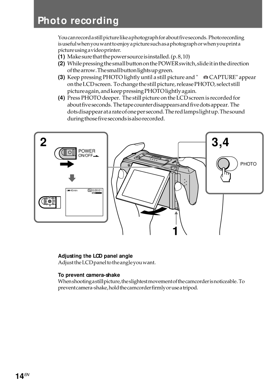 Sony CCD-CR1E manual Photo recording, 14EN, To prevent camera-shake 