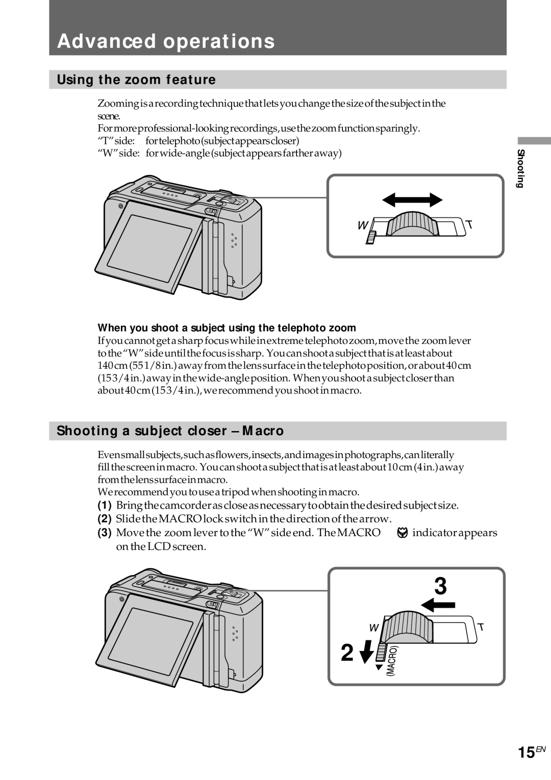 Sony CCD-CR1E manual Advanced operations, 15EN, Using the zoom feature, Shooting a subject closer Macro 