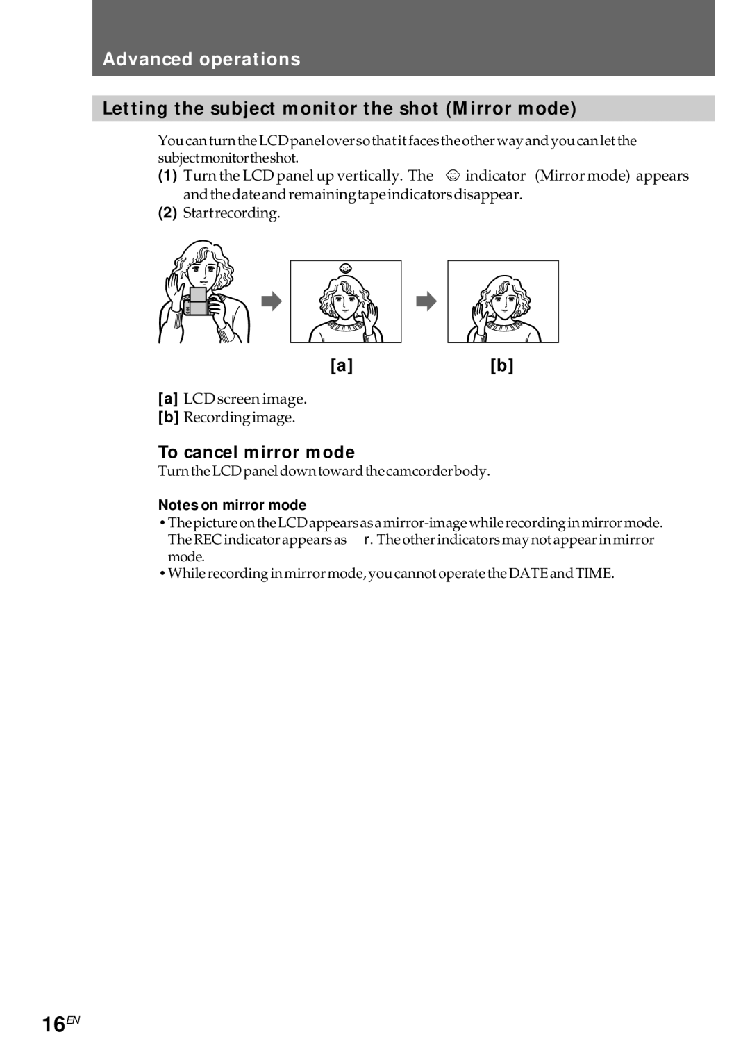 Sony CCD-CR1E manual 16EN, Advanced operations, Letting the subject monitor the shot Mirror mode, To cancel mirror mode 