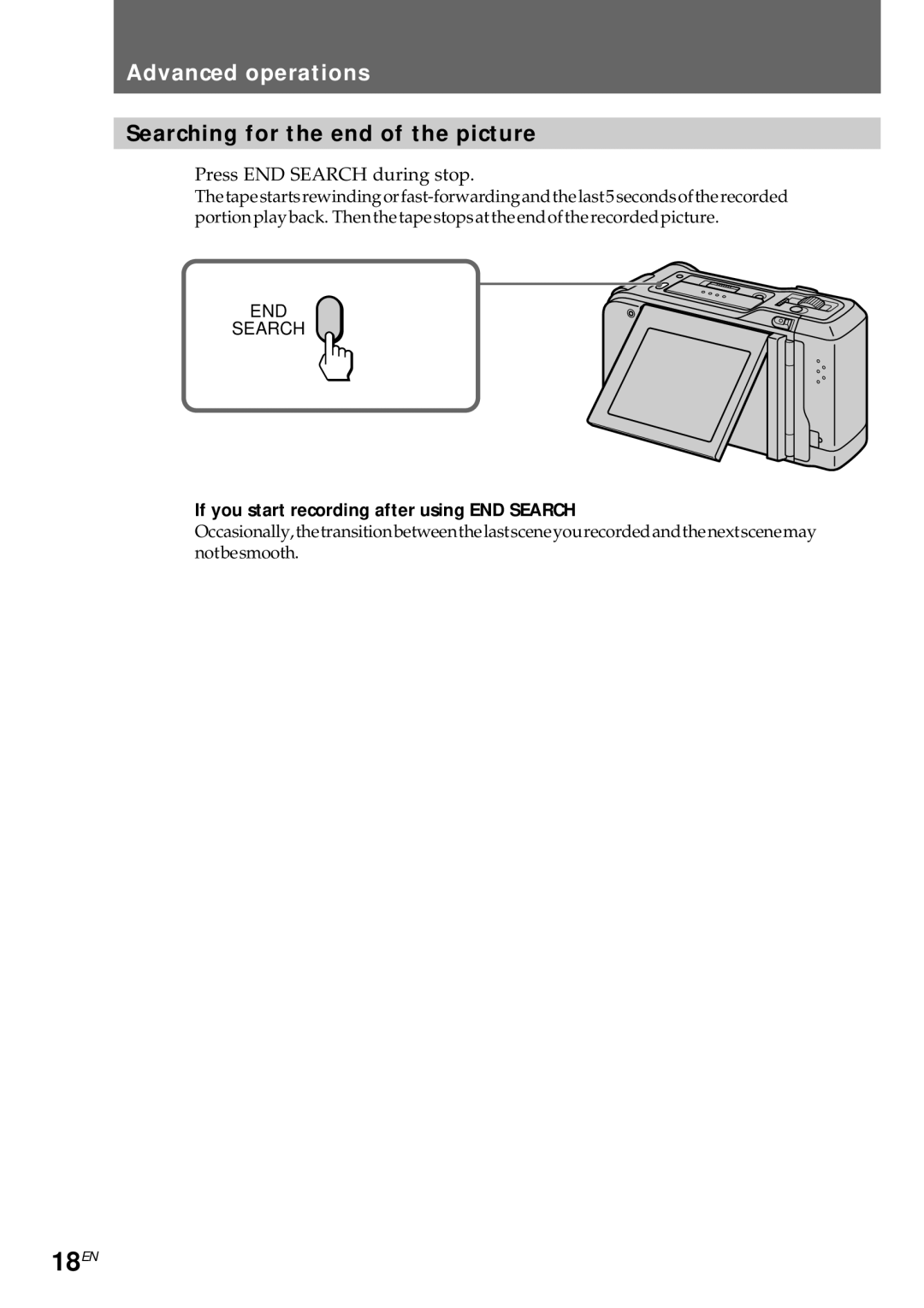 Sony CCD-CR1E manual 18EN, Searching for the end of the picture, If you start recording after using END Search 