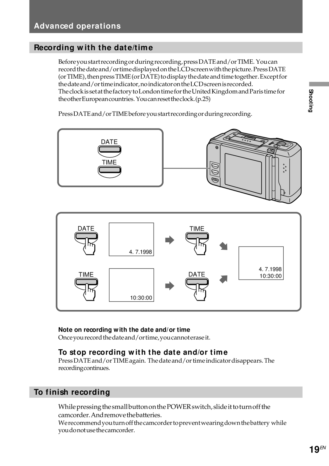 Sony CCD-CR1E manual 19EN, Recording with the date/time, To stop recording with the date and/or time, To finish recording 