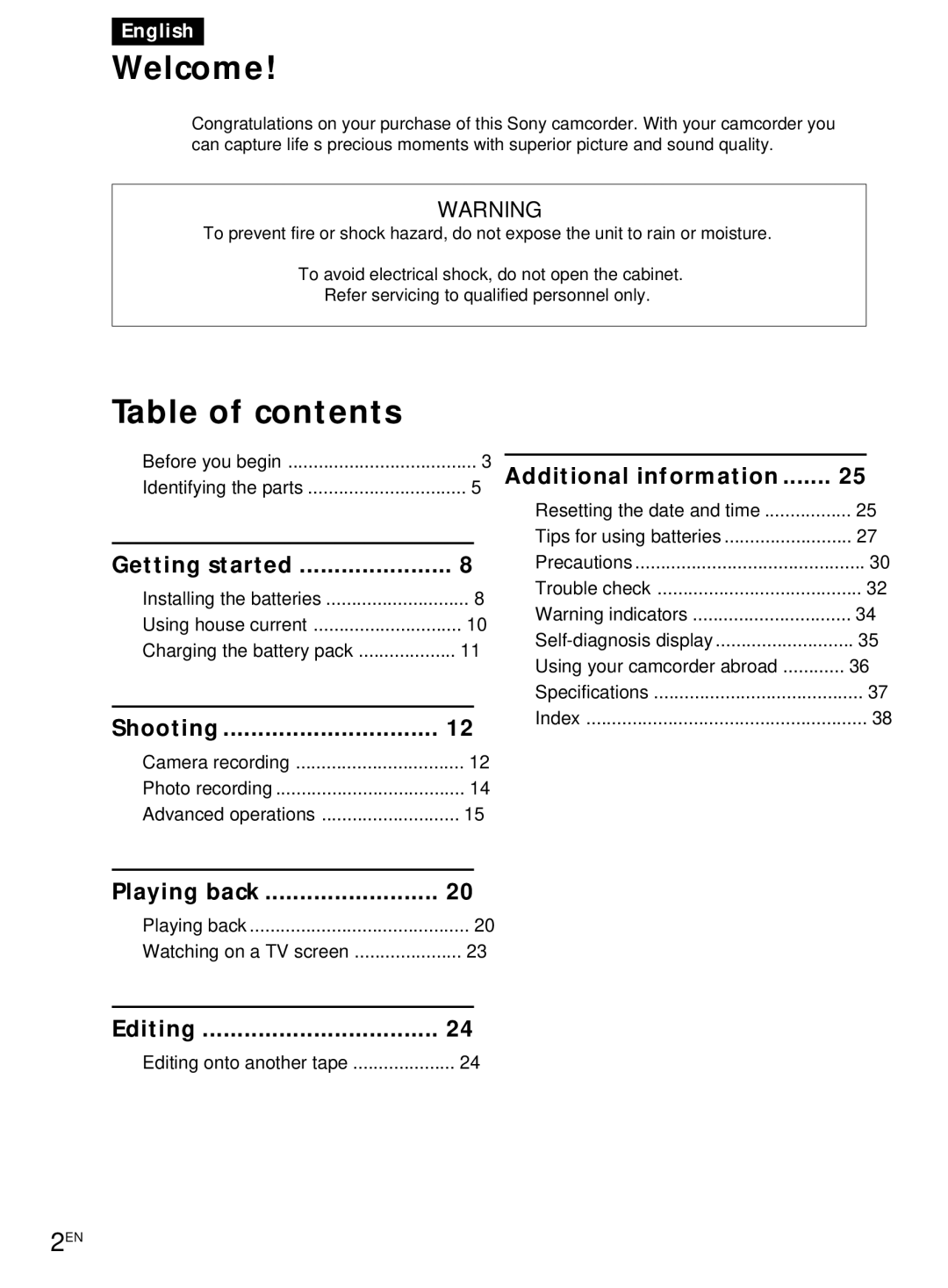 Sony CCD-CR1E manual Welcome 