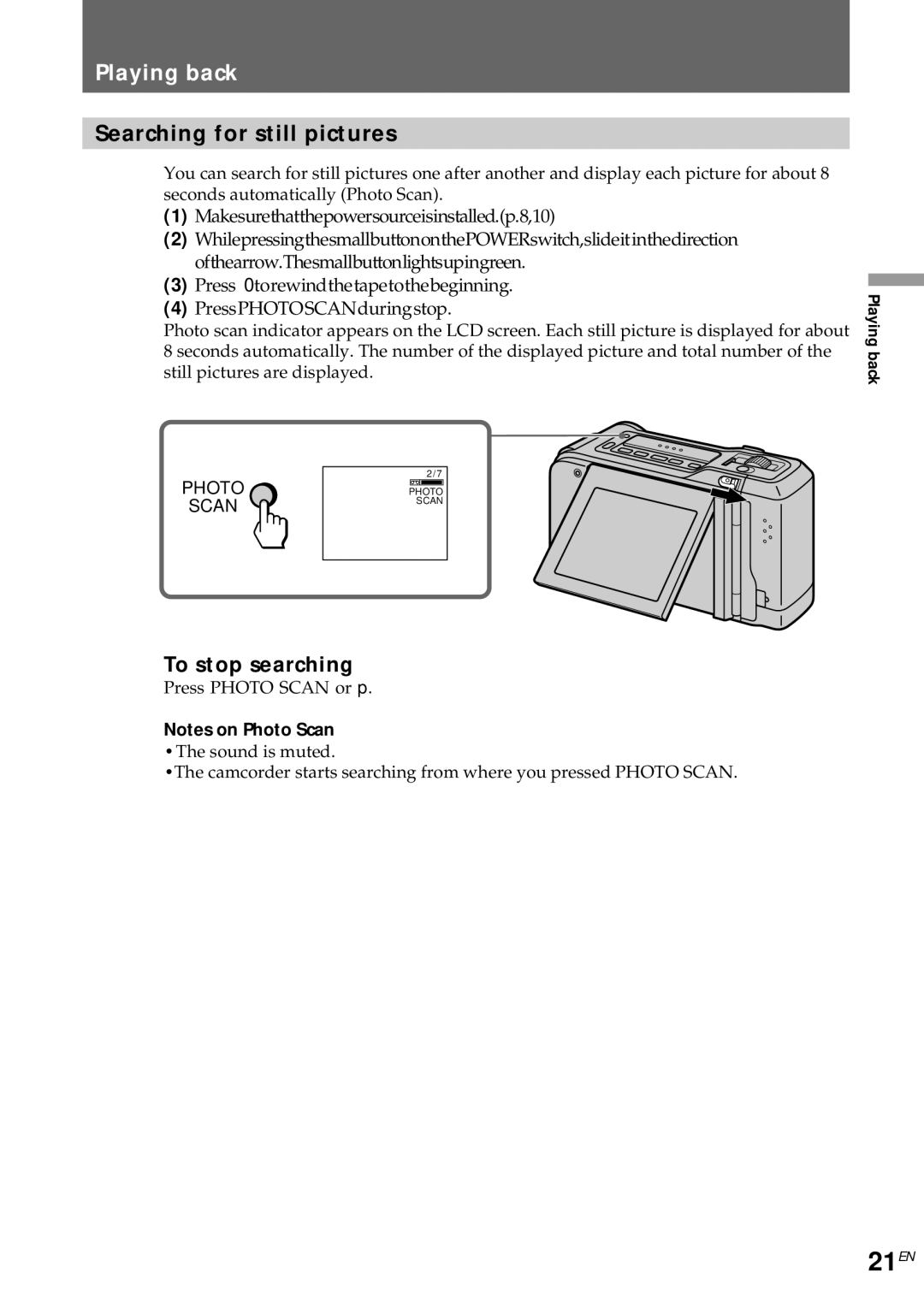 Sony CCD-CR1E manual 21EN, Playing back, Searching for still pictures, To stop searching 