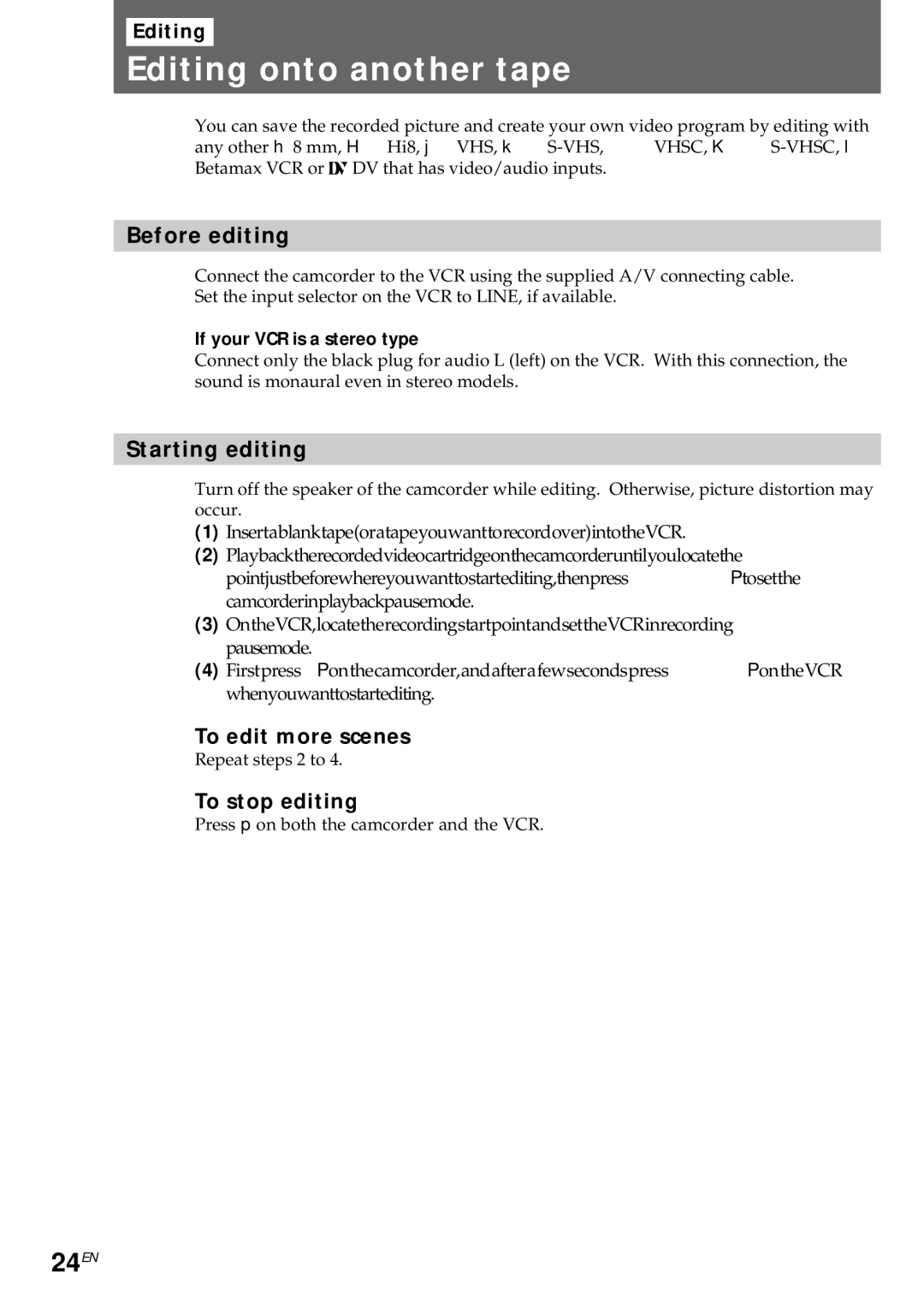 Sony CCD-CR1E manual Editing onto another tape, 24EN 