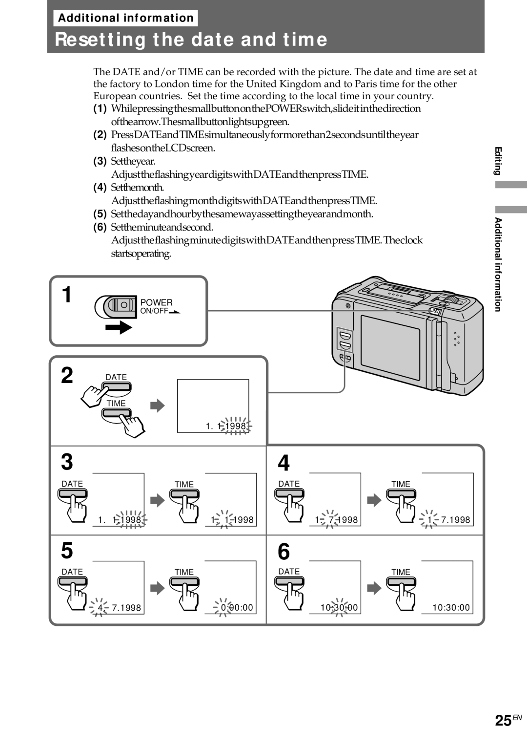 Sony CCD-CR1E manual Resetting the date and time, 25EN 