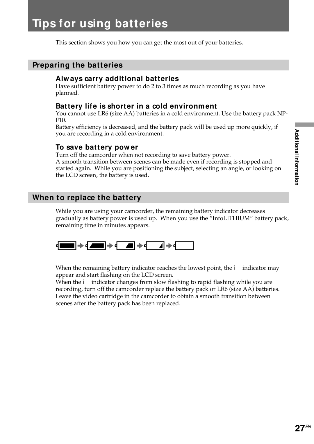 Sony CCD-CR1E manual Tips for using batteries, 27EN 